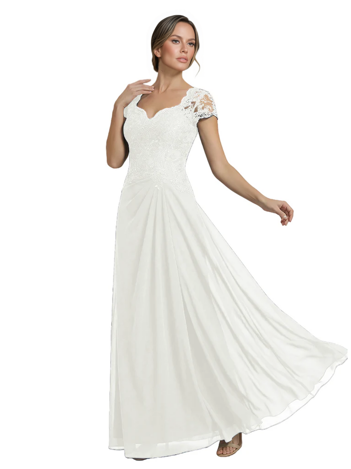 Long A-line Chiffon Short Sleeves Mother of the Brides Dresses Lace Wedding