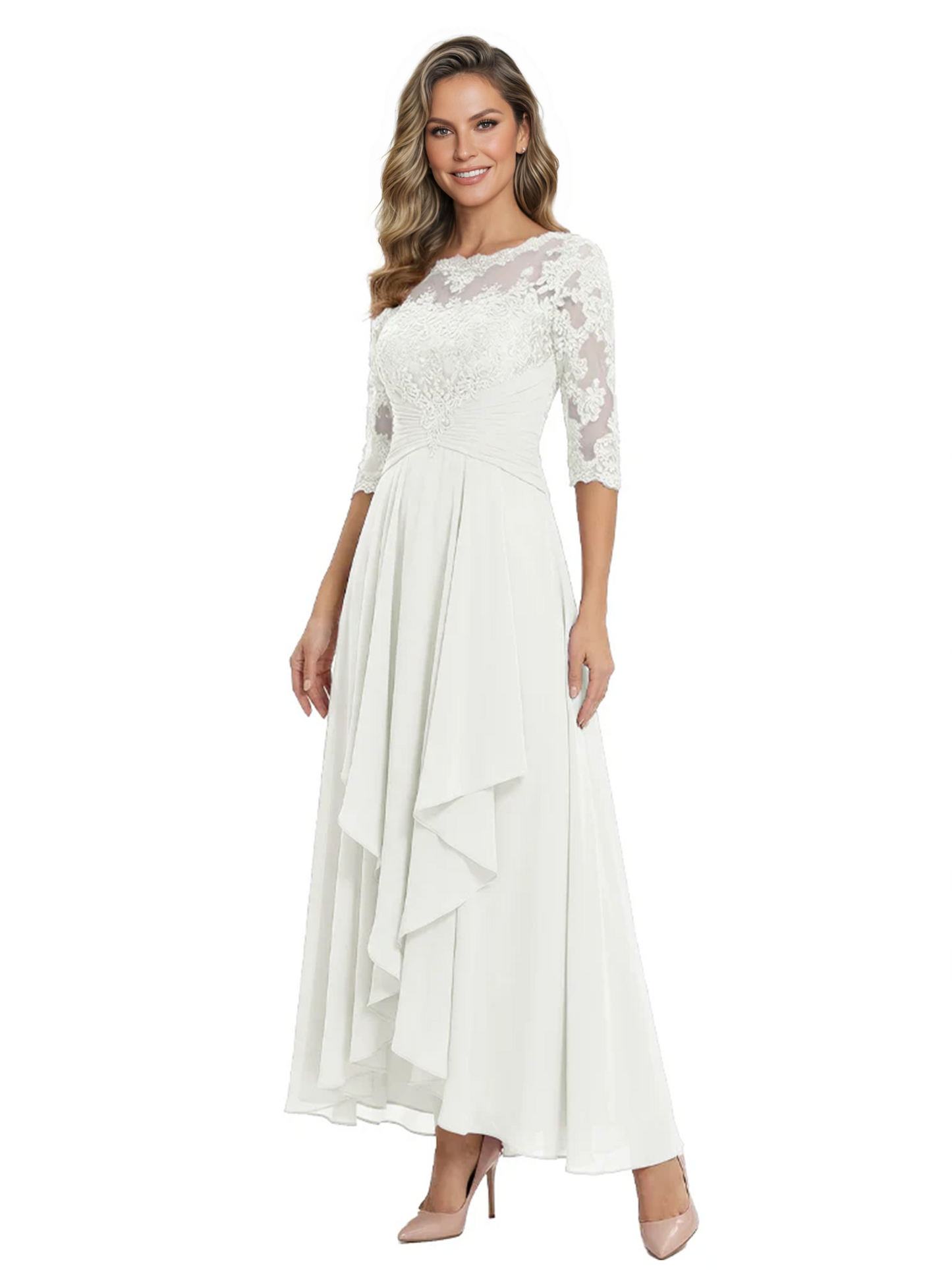 3/4 Sleeve Mother of the Bride Dress with Lace Embroidery High-Low Hem 2026