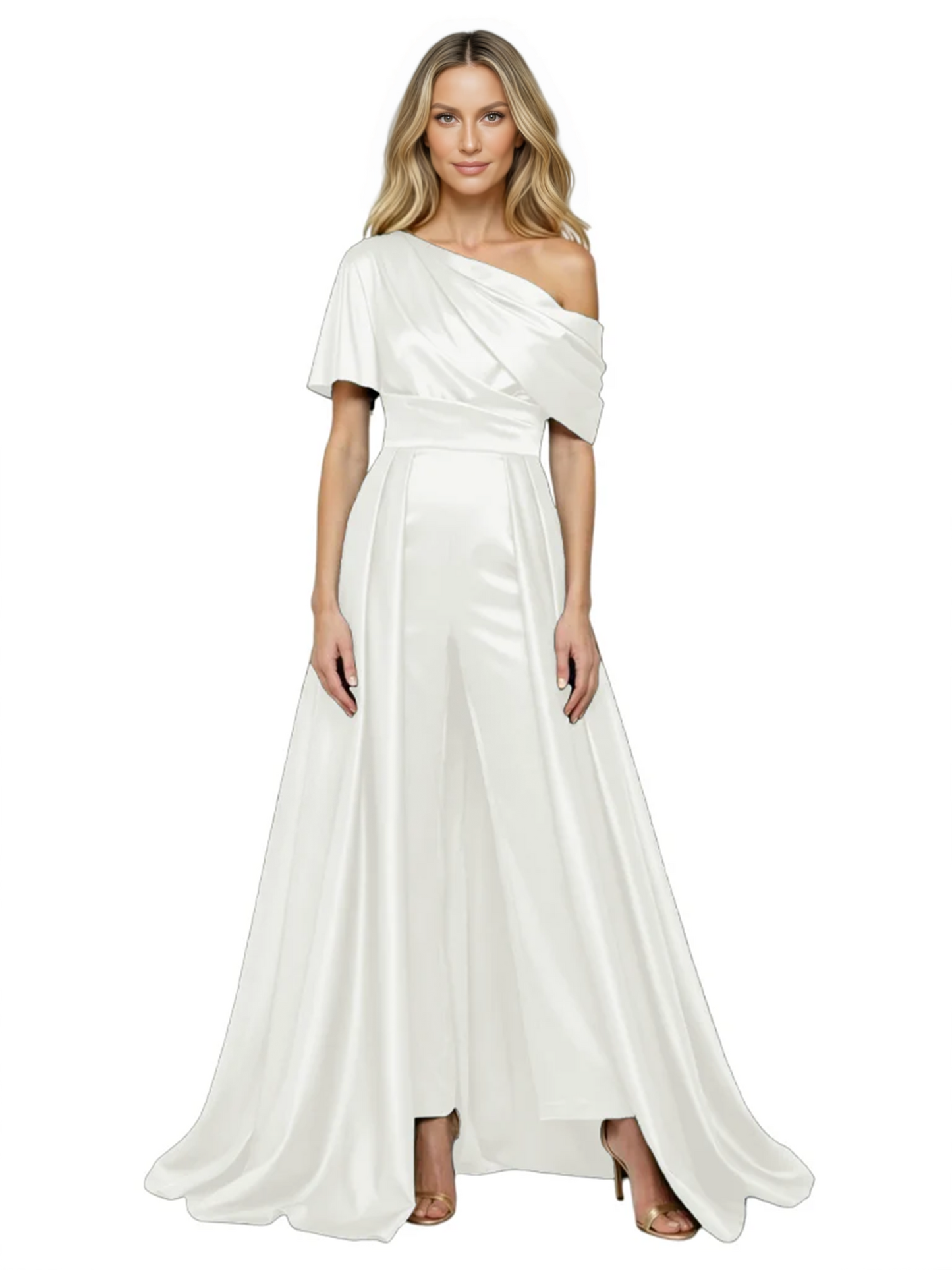 One Shoulder Mother of Bride jumpsuits Formal Gowns Floor Length Detachable Train