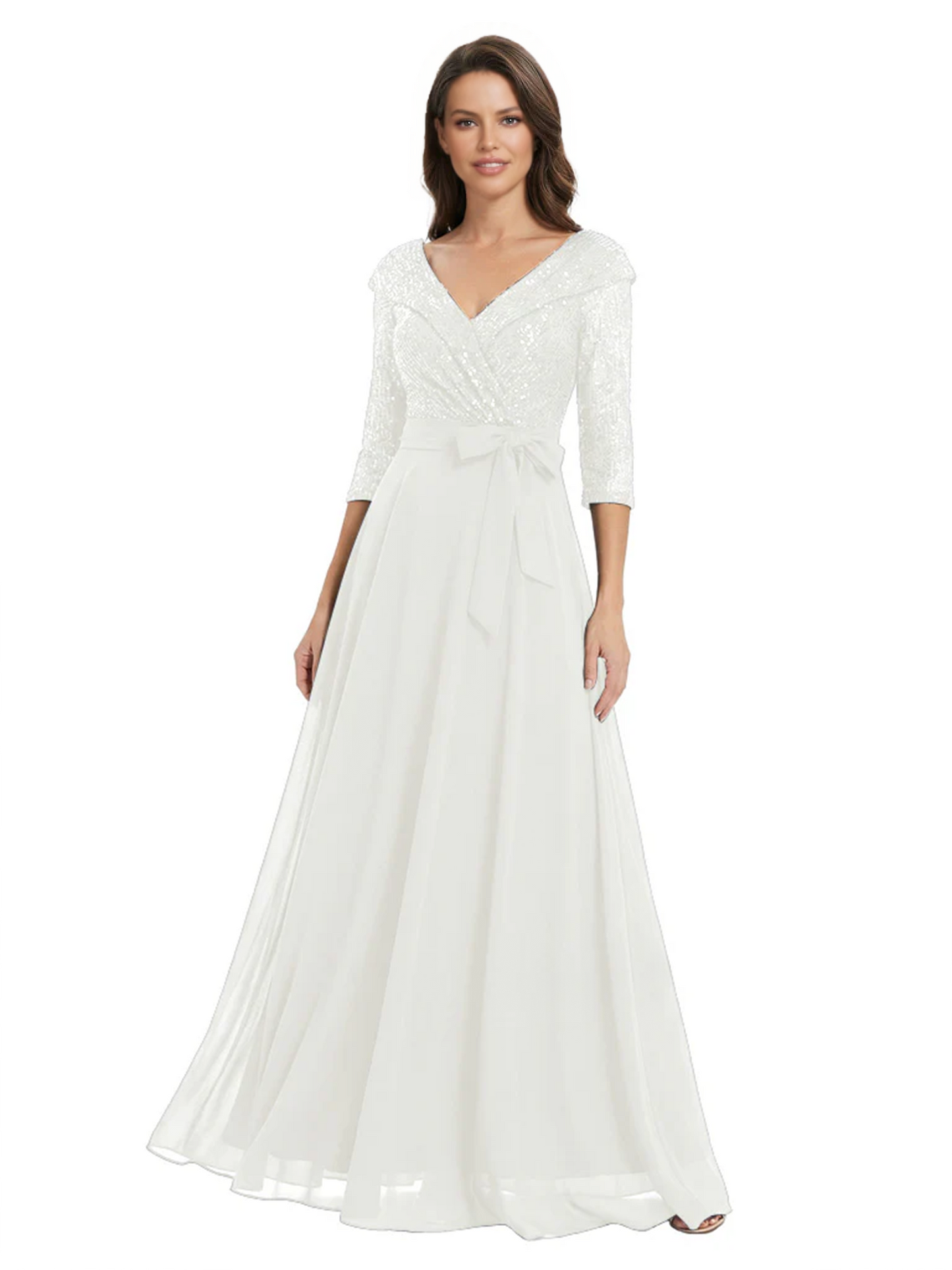 Chiffon Mother of the Bride Dress with Sequin V-Neck and Elegant Bow Sash