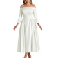 Off Shoulder Mother of the Bride Dress Tea-Length Satin Gown with Lace Applique