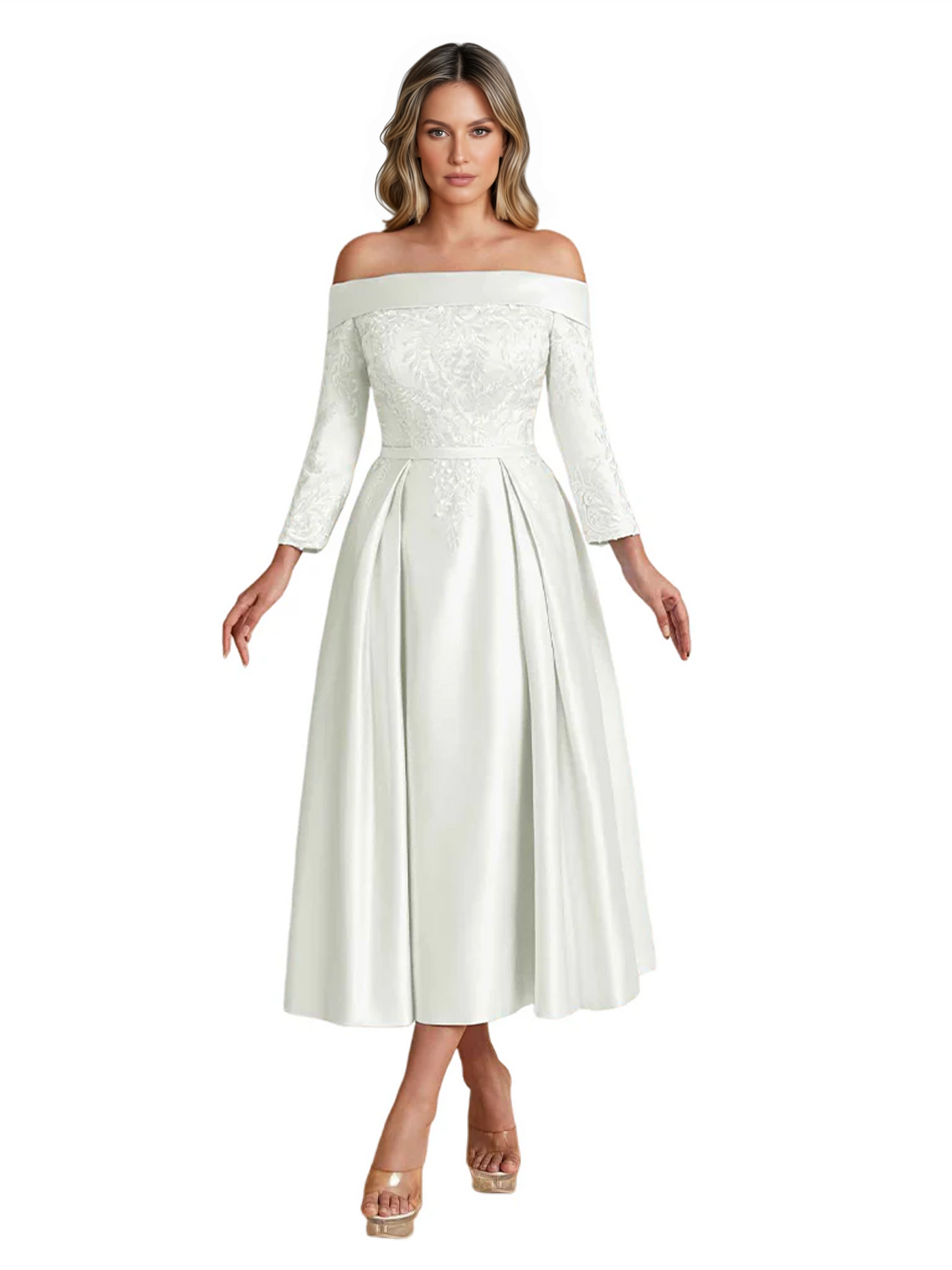 Off Shoulder Mother of the Bride Dress Tea-Length Satin Gown with Lace Applique