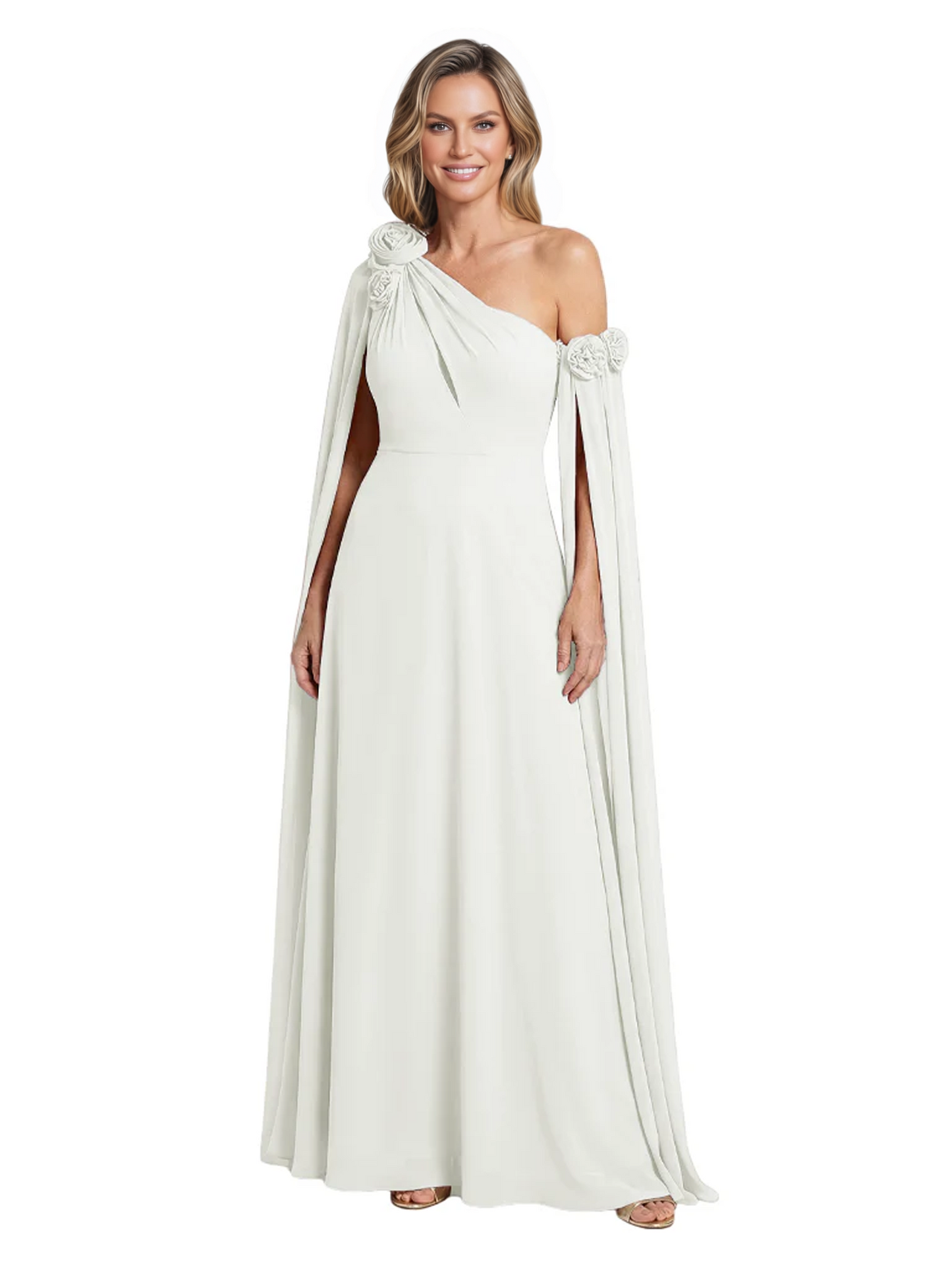 One Shoulder Mother of the Bride Dress Asymmetrical Cape Sleeve Gown with Floral