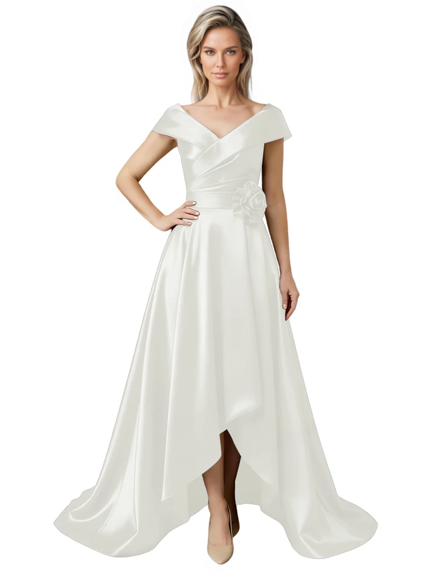 Off Shoulder Mother of the Bride Dress High-Low Satin Gown with Portrait Neckline