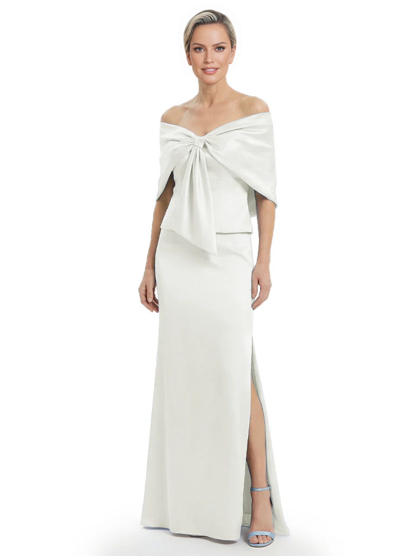 Formal Floor-Length Mother of the Bride Gown Satin Maxi Dress with Bow Neckline