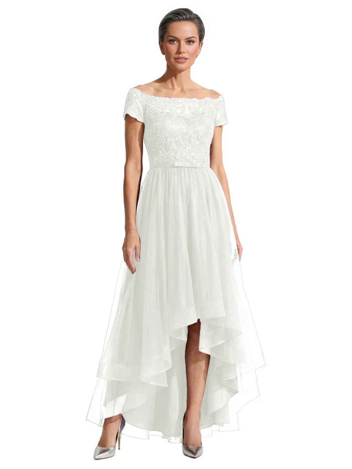 Formal High-Low Mother of the Bride Gown Short Sleeve Lace Maxi Dress with Tiered Skirt