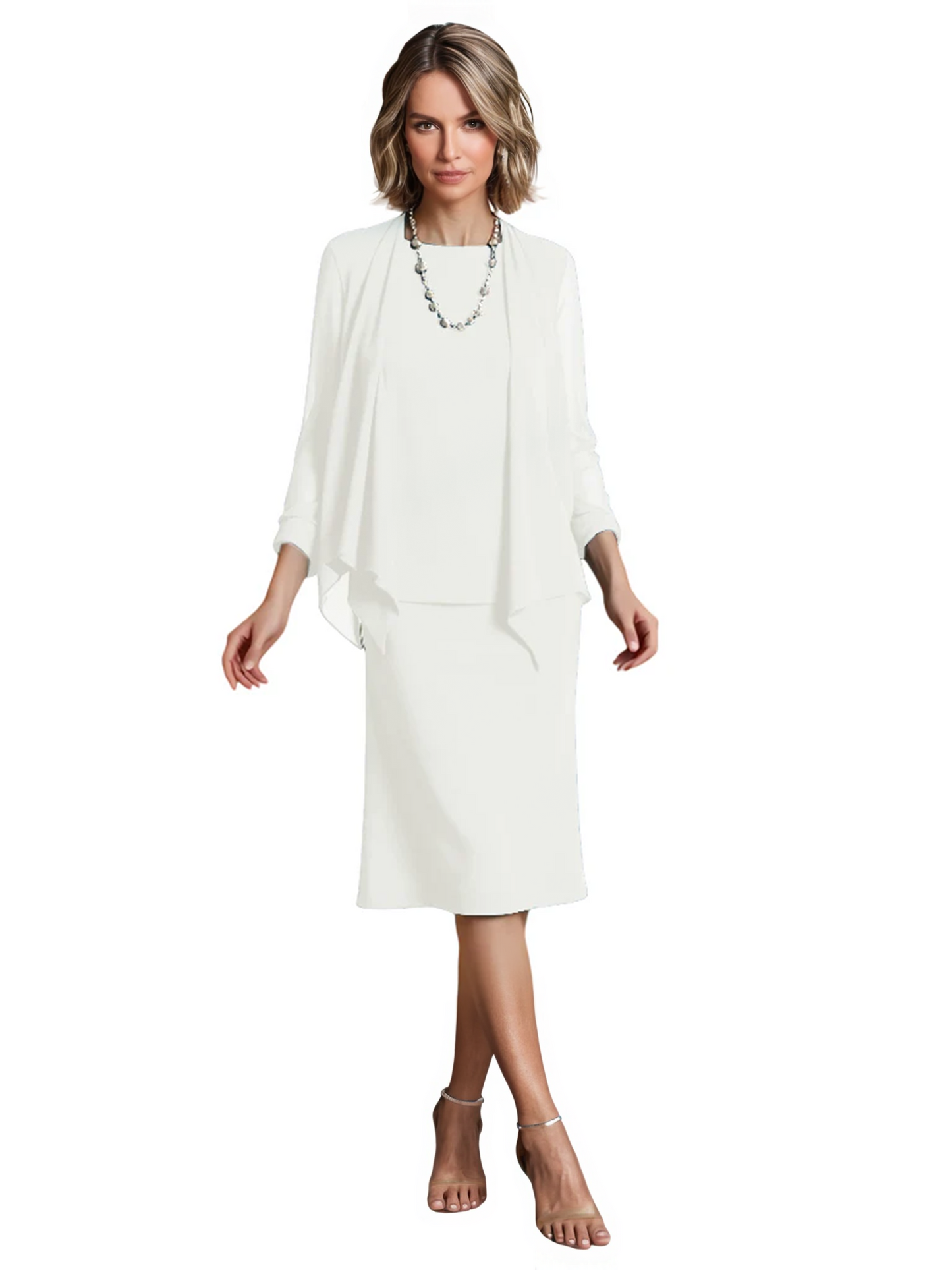 3 PCS Knee-Length Mother of Bride Dresses Prom Dress Evening Dress with Sheer Sleeves and Jacket