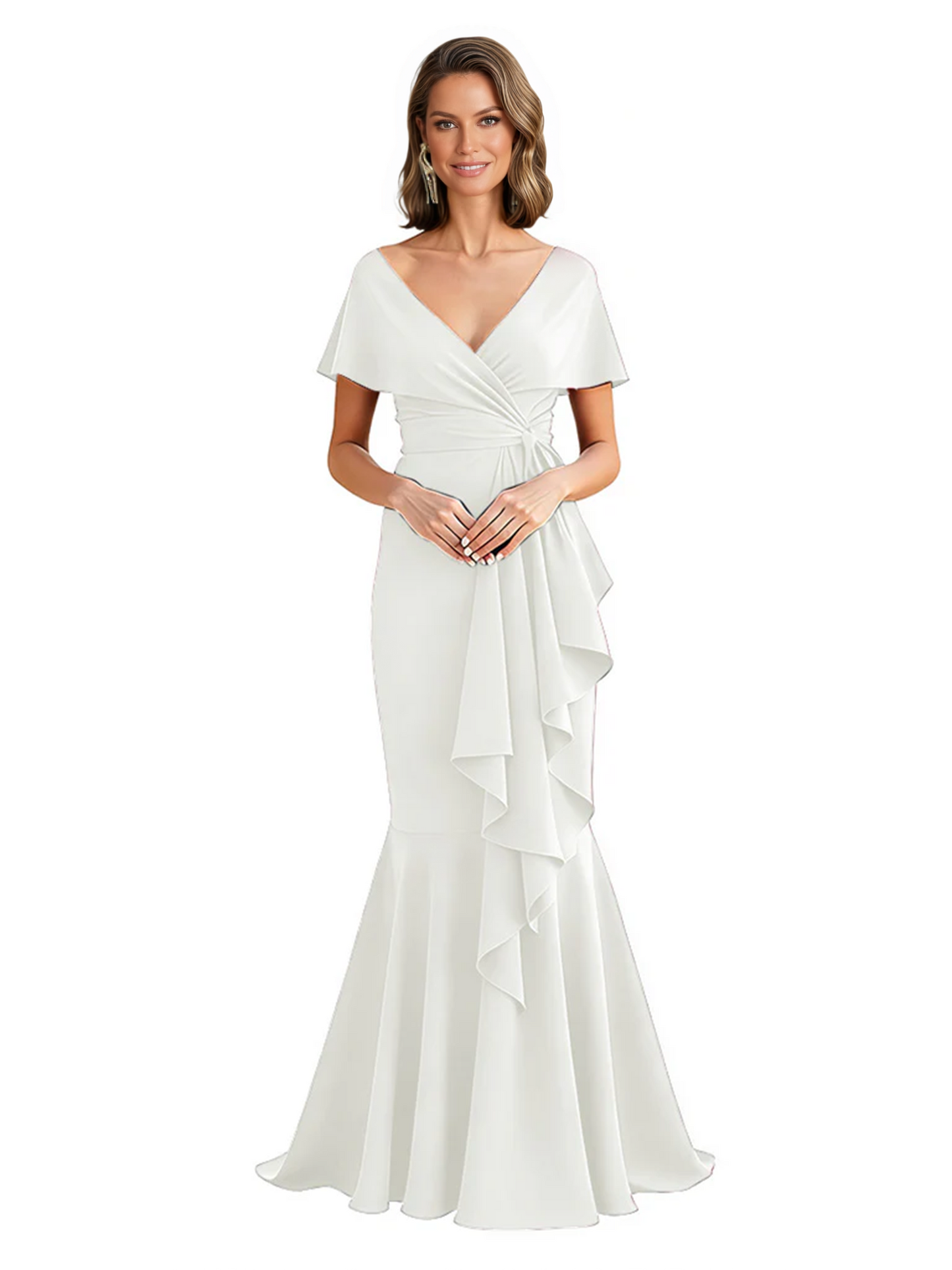 Satin Mother of the Bride Dress with Cascading Ruffles and Mermaid Tail V-Neck