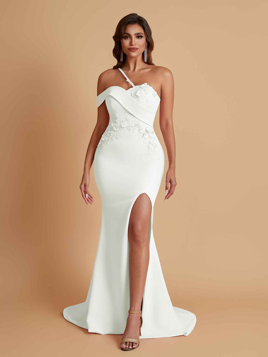 Sexy Soft Satin Mermaid One Shoulder Asymmetrical Side Slit Floor-Length Bridesmaid Dresses