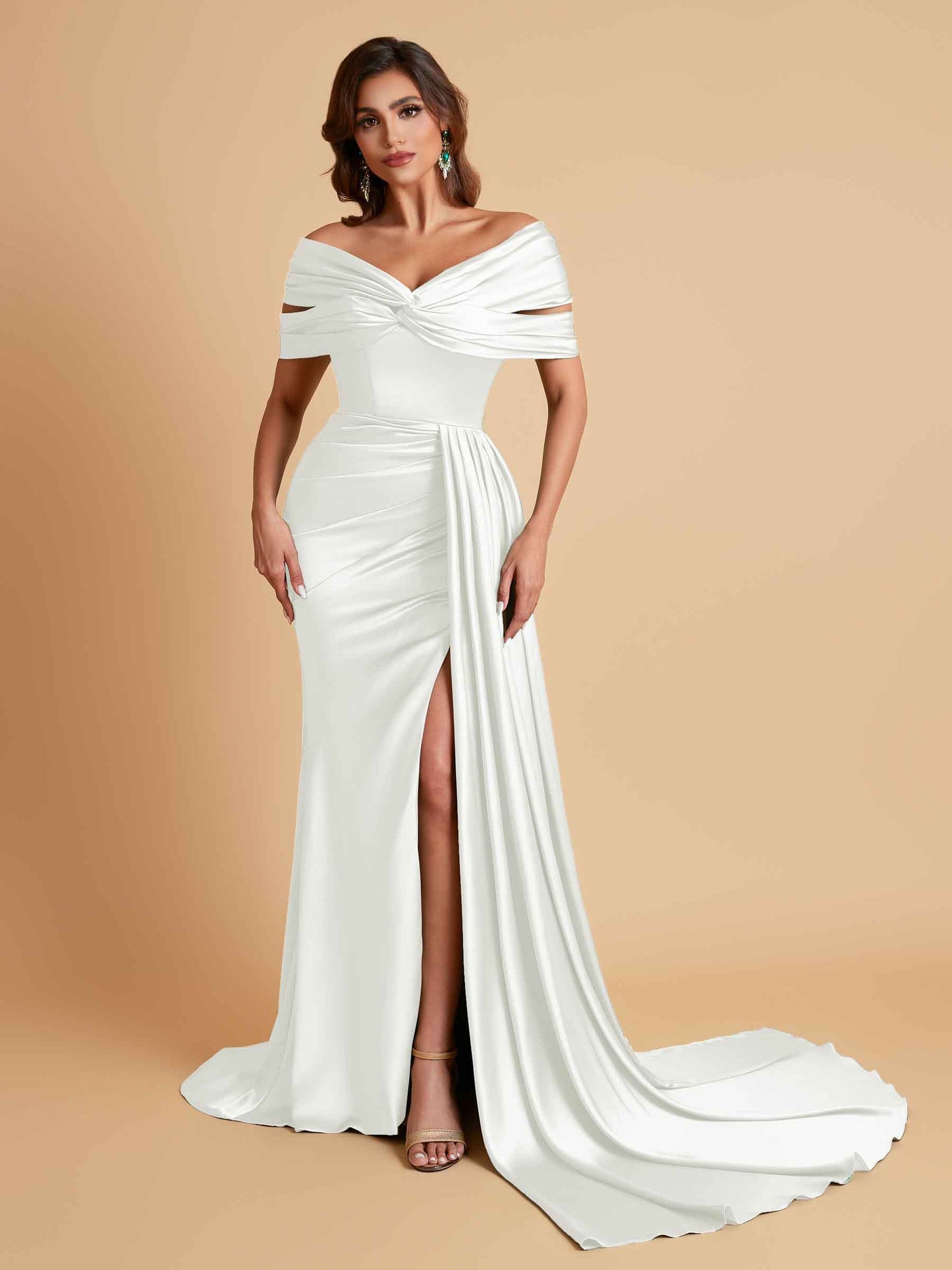 Elegant Soft Satin V-neck Off-the-Shoulder Side-Slit Mermaid Bridesmaid Dresses