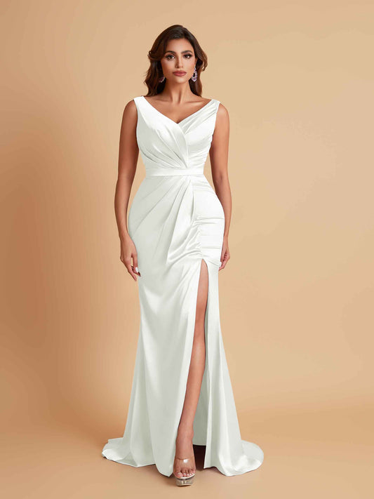 Elegant V Neck Soft Satin Side Slit Floor-Length Mermaid Bridesmaid Dresses