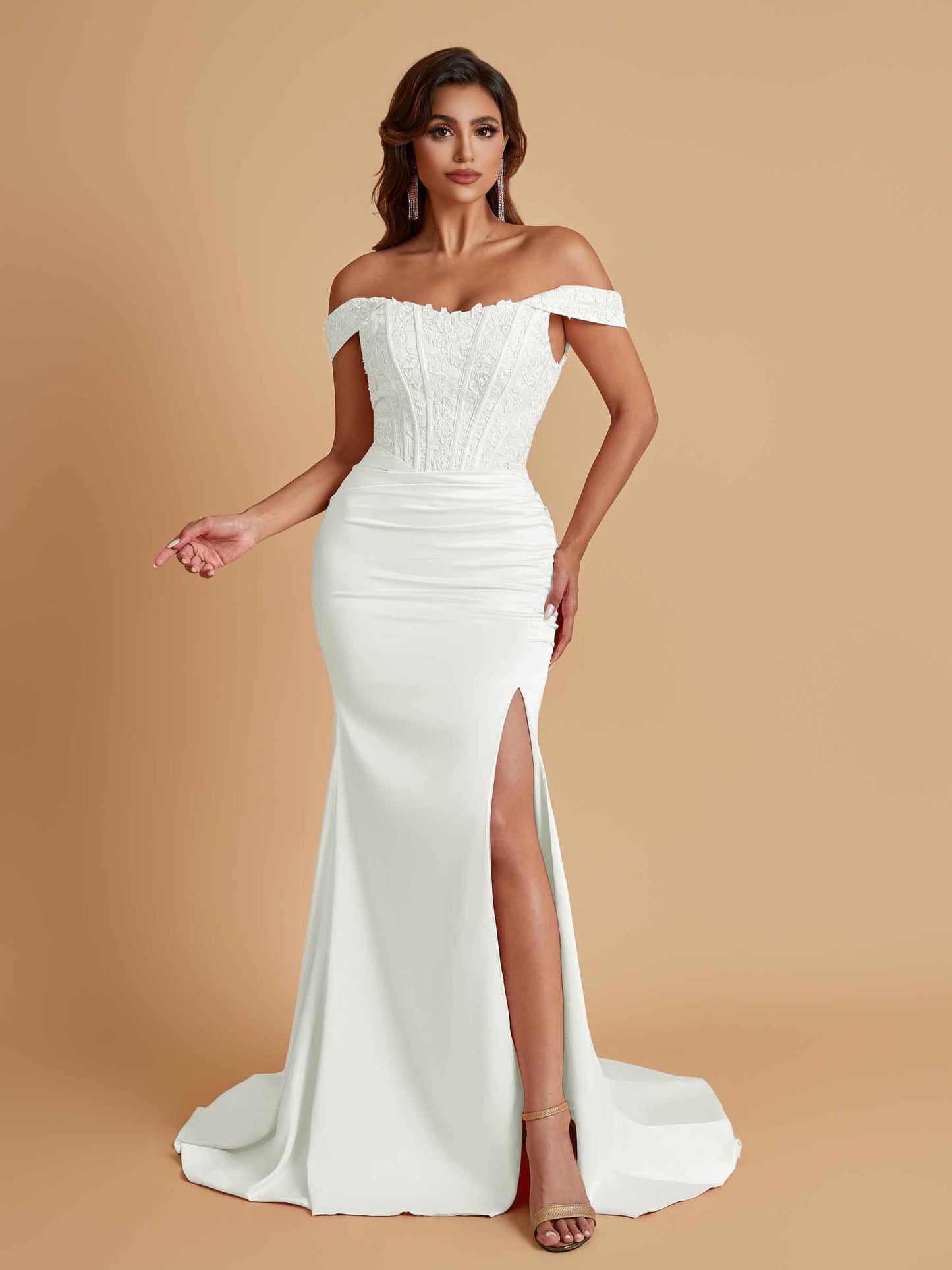 Elegant Soft Satin Mermaid Off Shoulder Side Slit Floor-Length Mermaid Bridesmaid Dresses