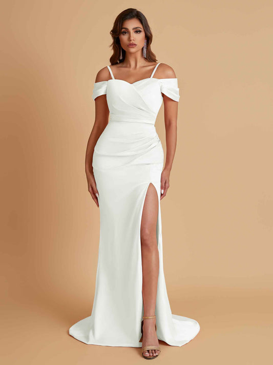 Sexy Soft Satin Mermaid Cold Shoulder Side Slit Floor-Length Bridesmaid Dresses Online