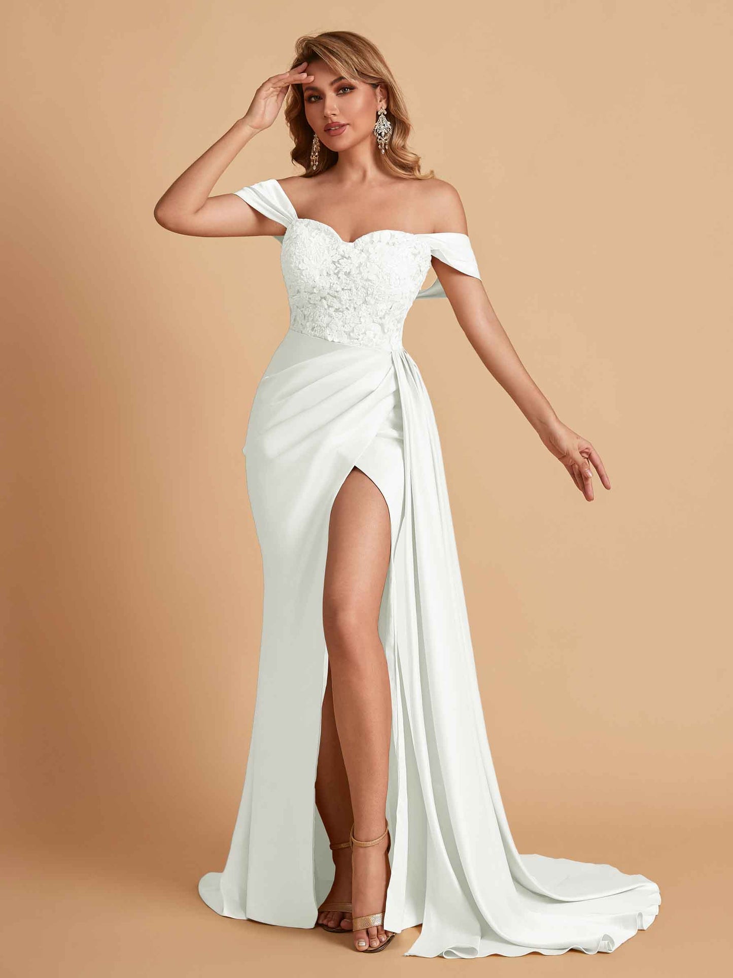 Sexy Satin Mermaid Off Shoulder Lace Side Slit Long Bridesmaid Dresses Online