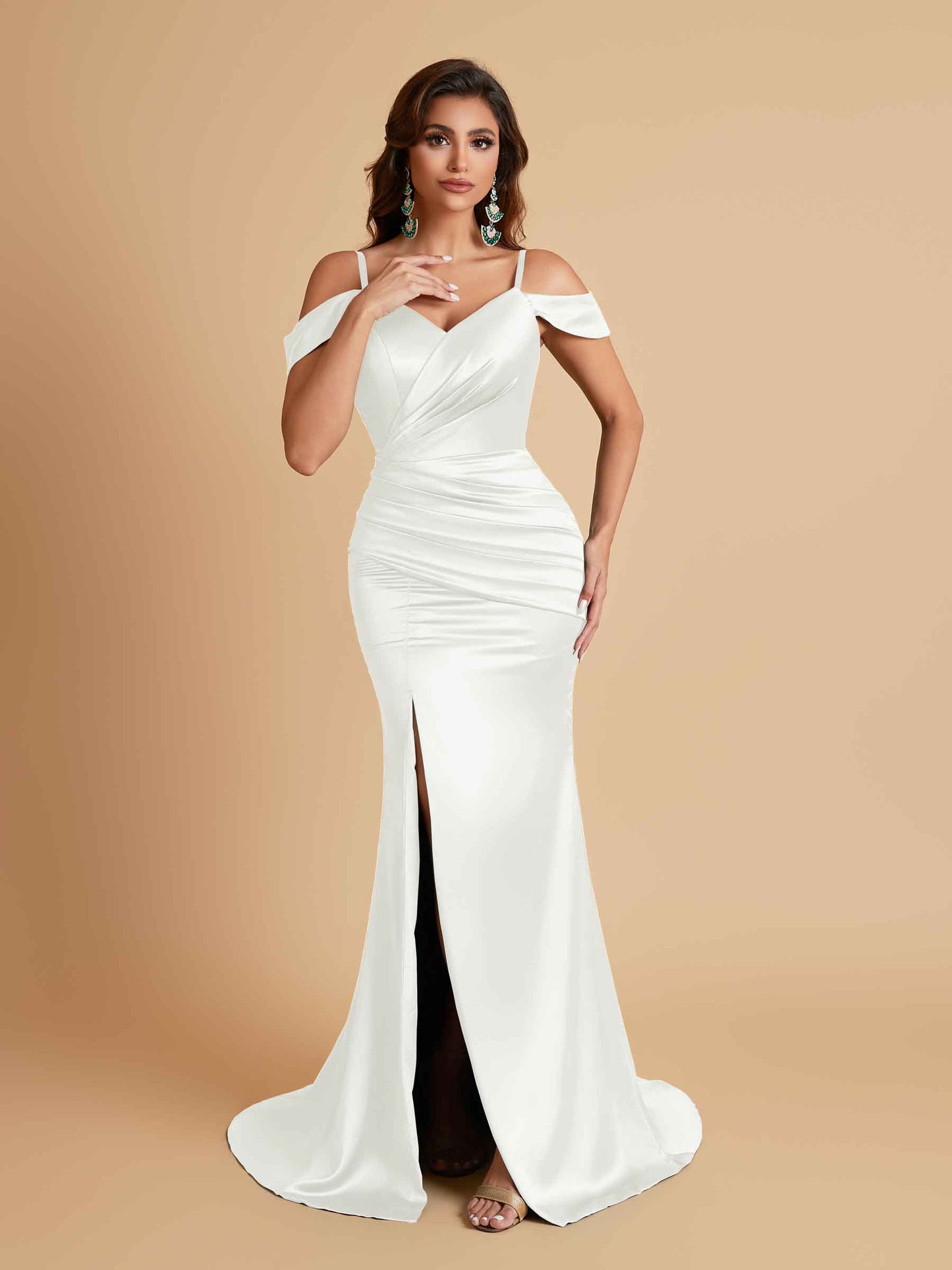 Sexy Soft Satin Mermaid Off Shoulder Side Slit Floor-Length Mermaid Bridesmaid Dresses