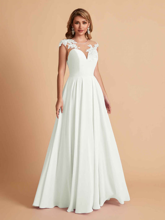 Chiffon Illusion Lace Top A-line Bridesmaid Dresses V-neck Floor Length Wedding Guest Dresses