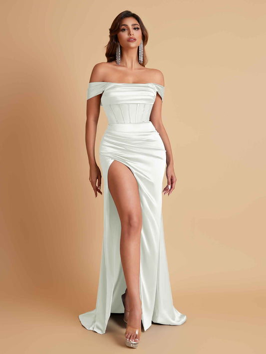Sexy Off the Shoulder Soft Satin Side Slit Floor-Length Mermaid Bridesmaid Dresses