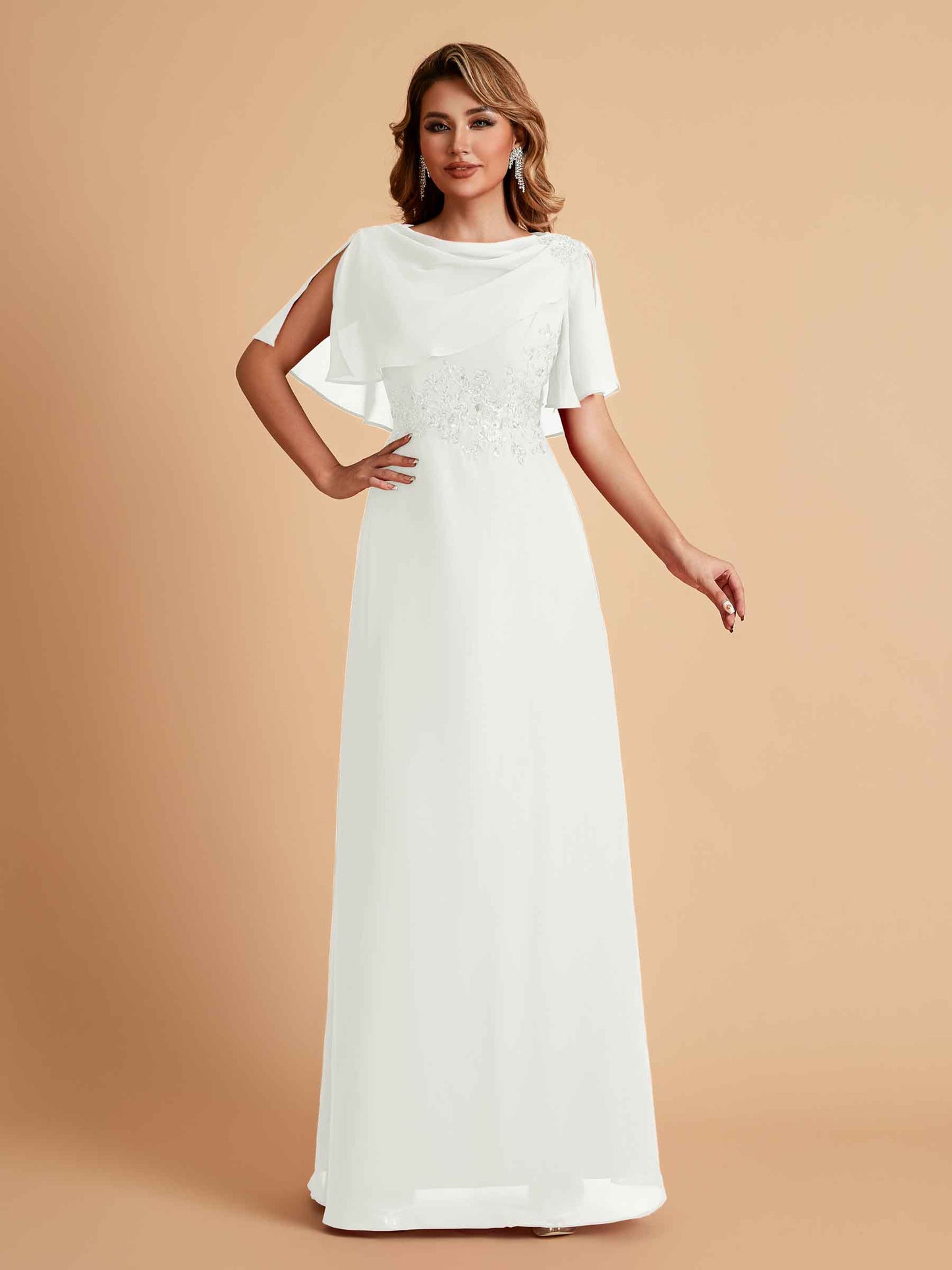 Elegant A-Line Chiffon Half Sleeves Jewel Mother of the Brides Dresses Online