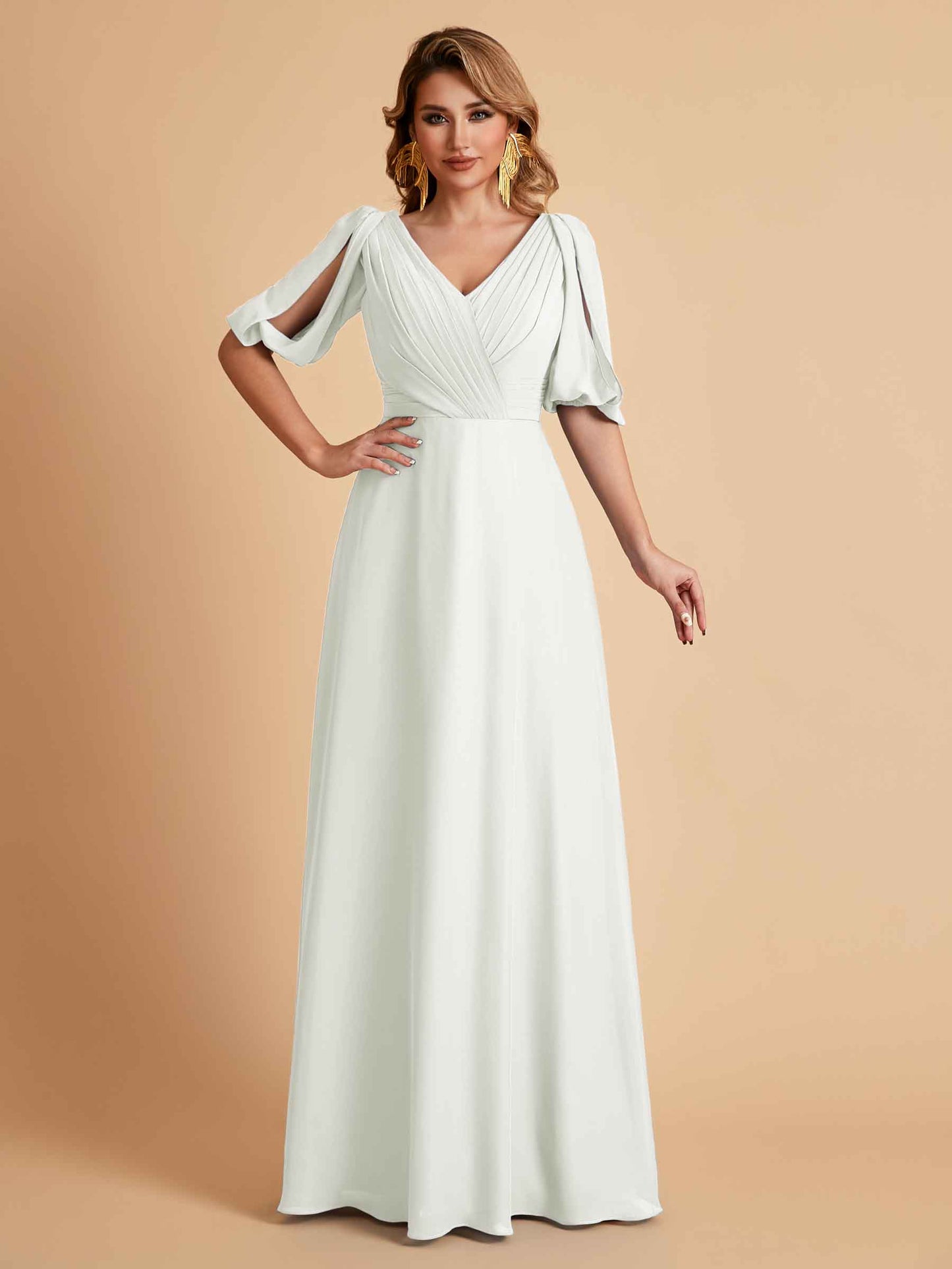 Elegant A-Line Chiffon Half Sleeves V-Neck Mother of the Brides Dresses Online