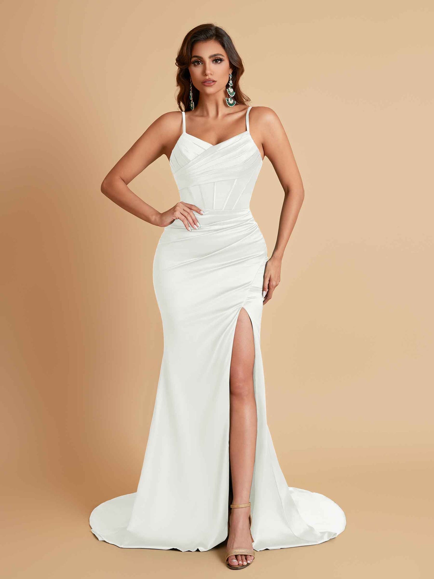 Sexy Spaghetti Straps V Neck Soft Satin Side Slit Floor-Length Mermaid Bridesmaid Dresses