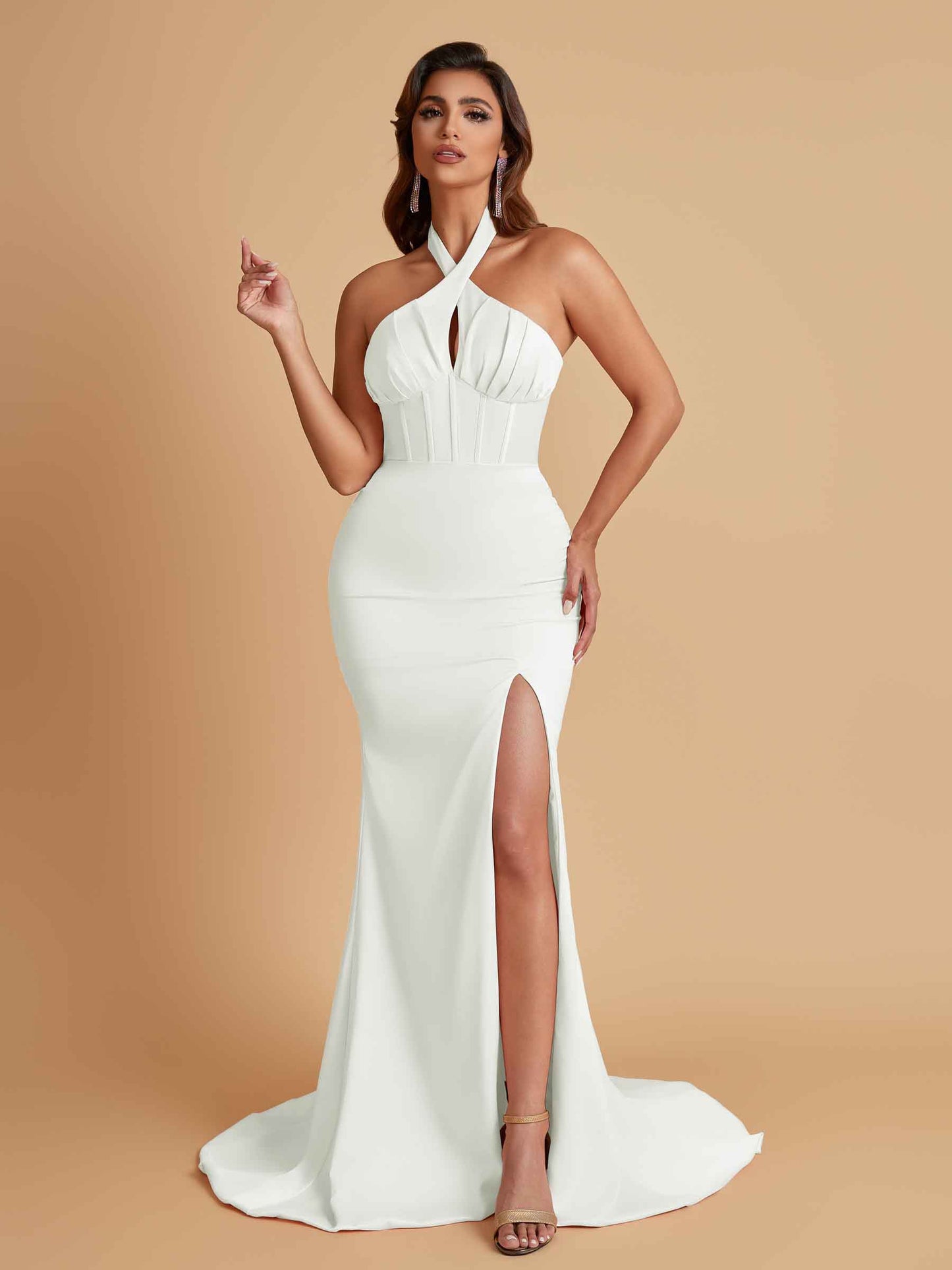Elegant Soft Satin Mermaid Halter Side Slit Floor-Length Bridesmaid Dresses Online