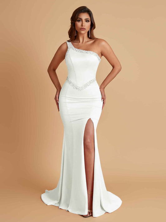 Sexy Soft Satin Mermaid One Shoulder Side Slit Beading Floor-Length Bridesmaid Dresses Online