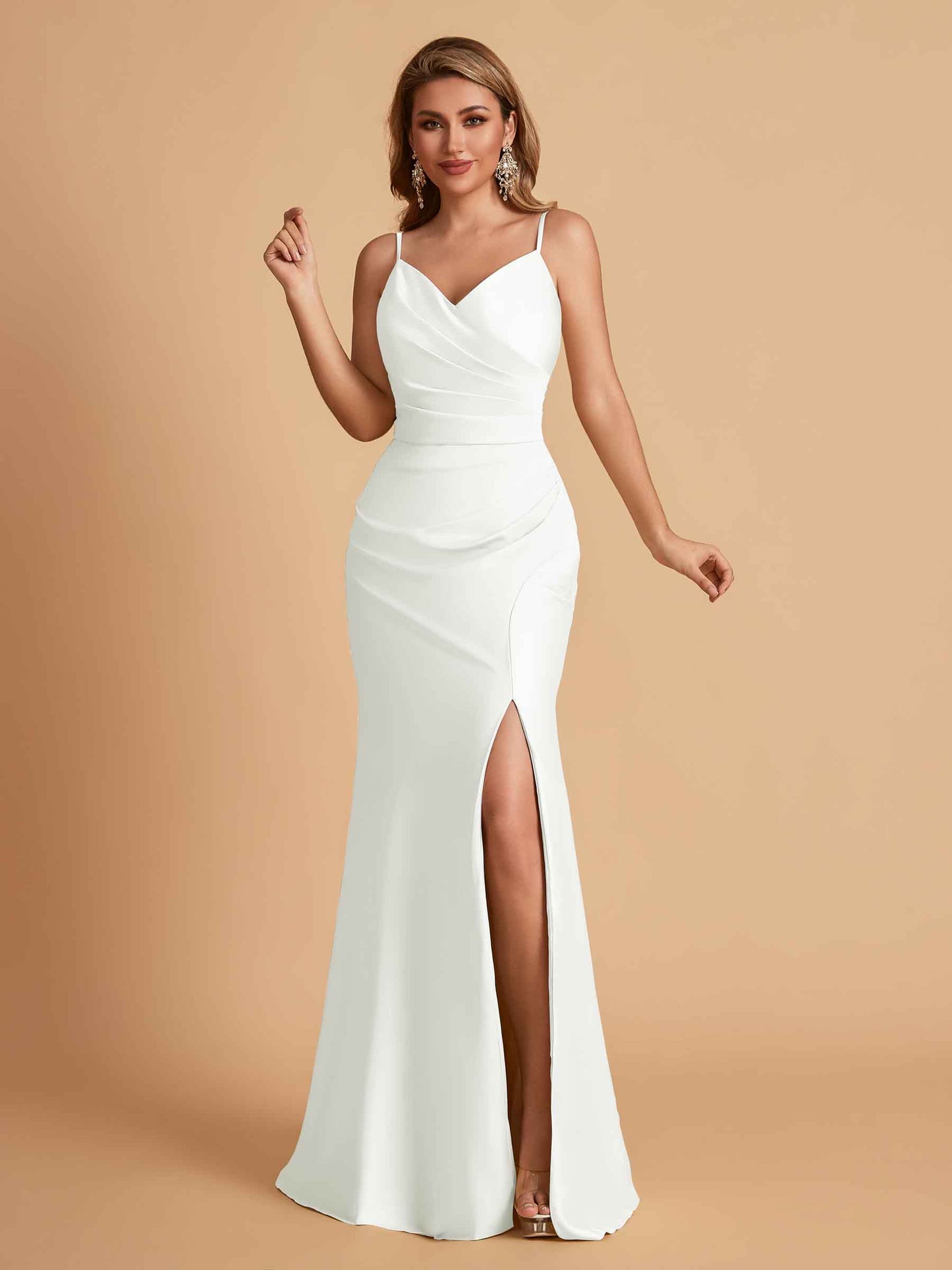 Elegant Satin Spaghetti Straps Mermaid Side Slit Floor Length Bridesmaid Dresses