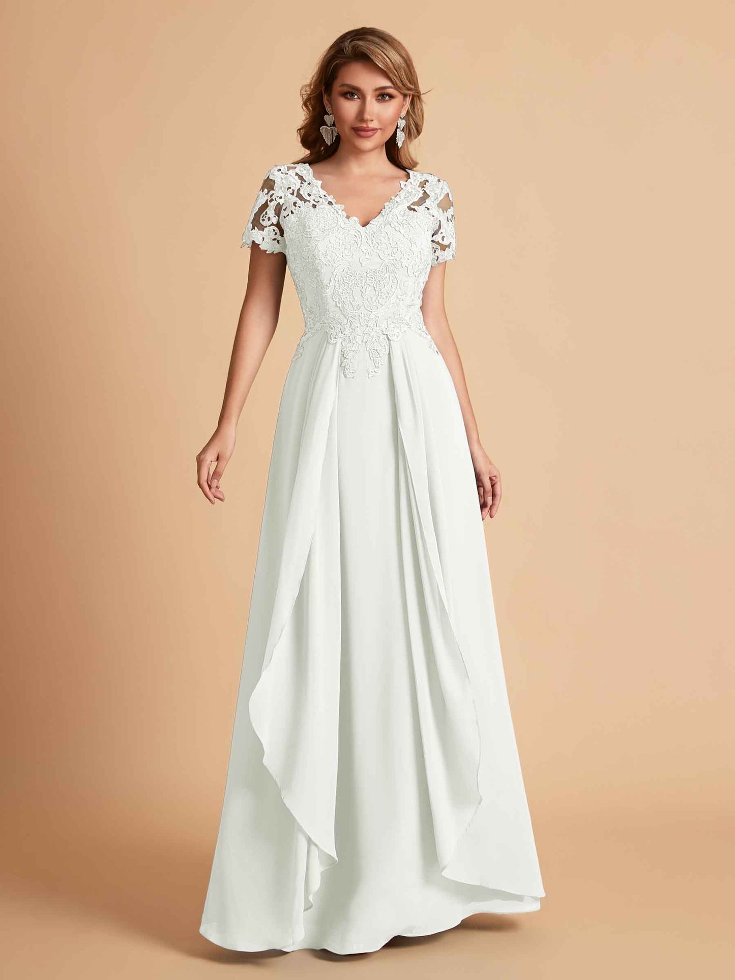 Elegant A-Line Chiffon Short Sleeves V-neck Mother of the Brides Dresses Lace Top MOB Dresses