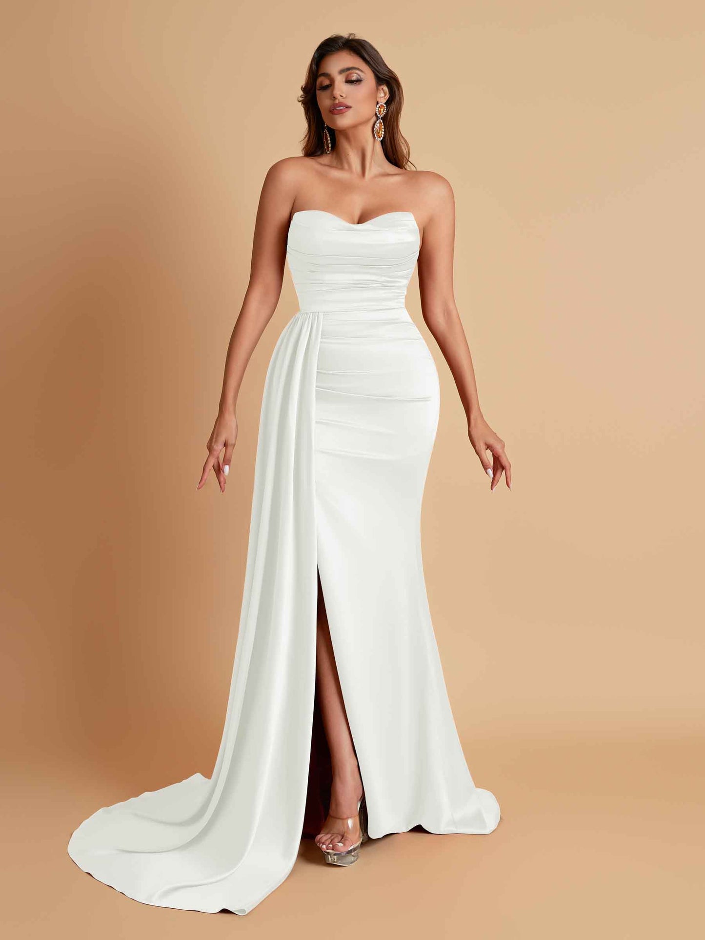 Elegant Soft Satin Sweetheart Strapless Side-Slit Mermaid Bridesmaid Dresses