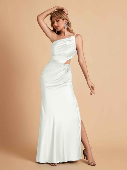 Elegant Satin One Shoulder Side Slit Mermaid Floor Length Bridesmaid Dresses