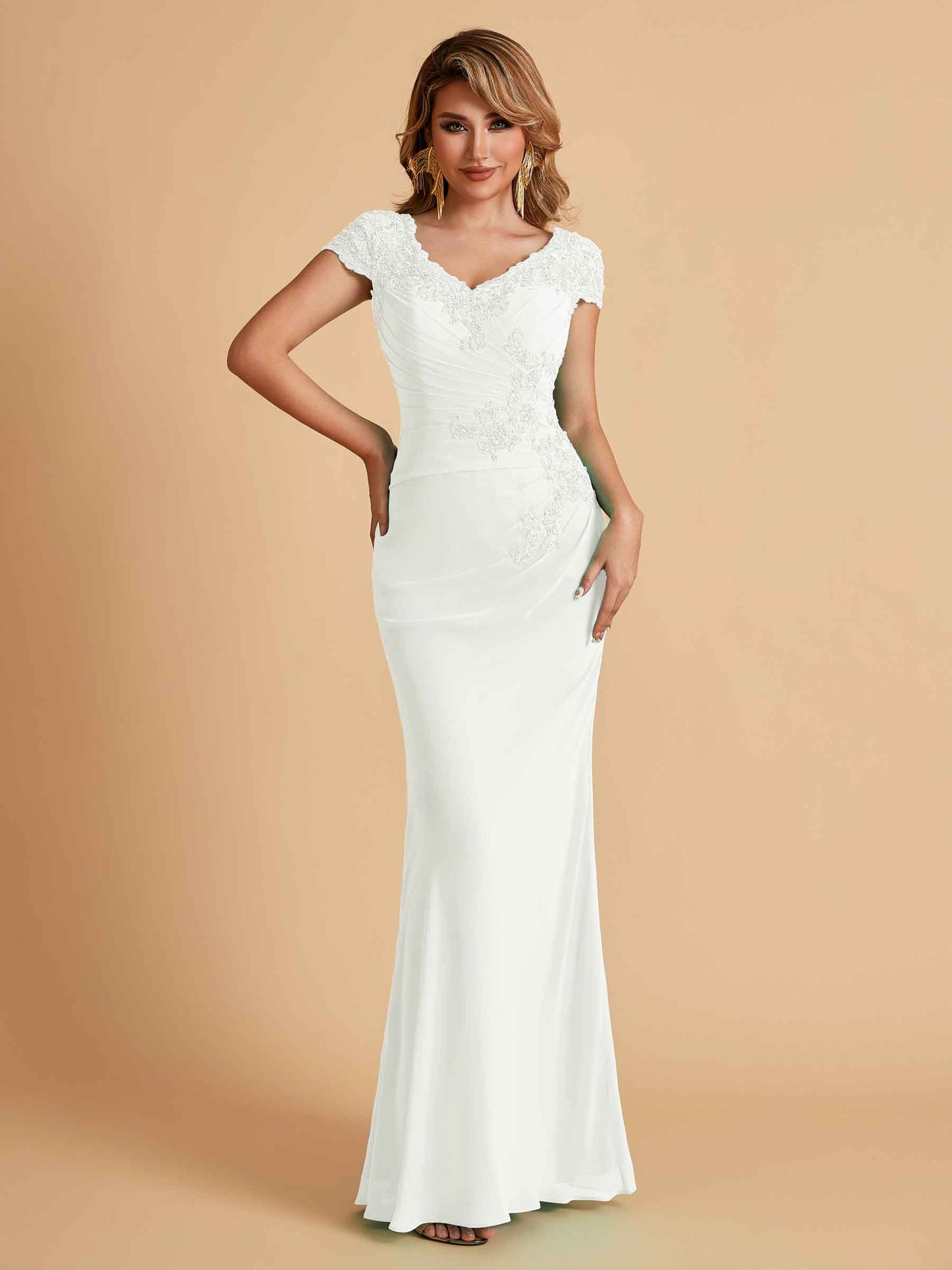 Elegant Mermaid Chiffon Cap Sleeves V-Neck Mother of the Brides Dresses Online
