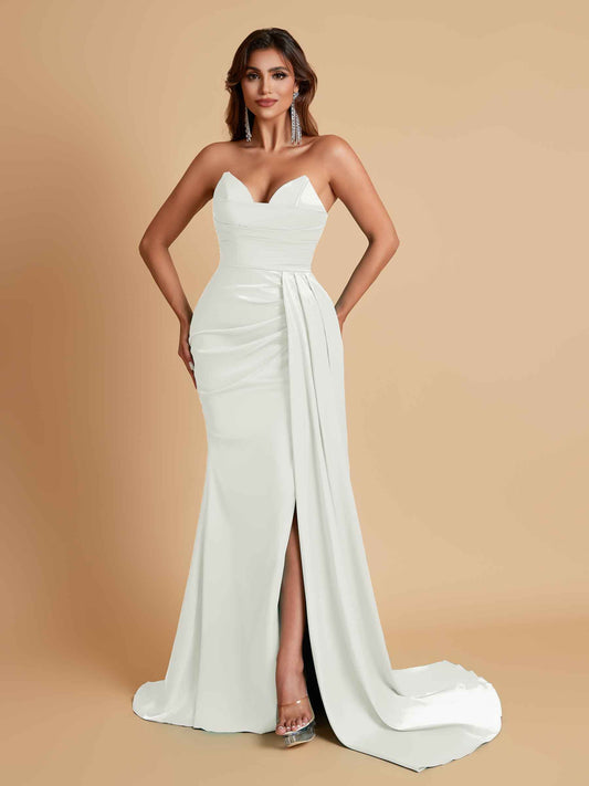 Gorgeous Strapless Soft Satin Side Slit Floor-Length Mermaid Bridesmaid Dresses