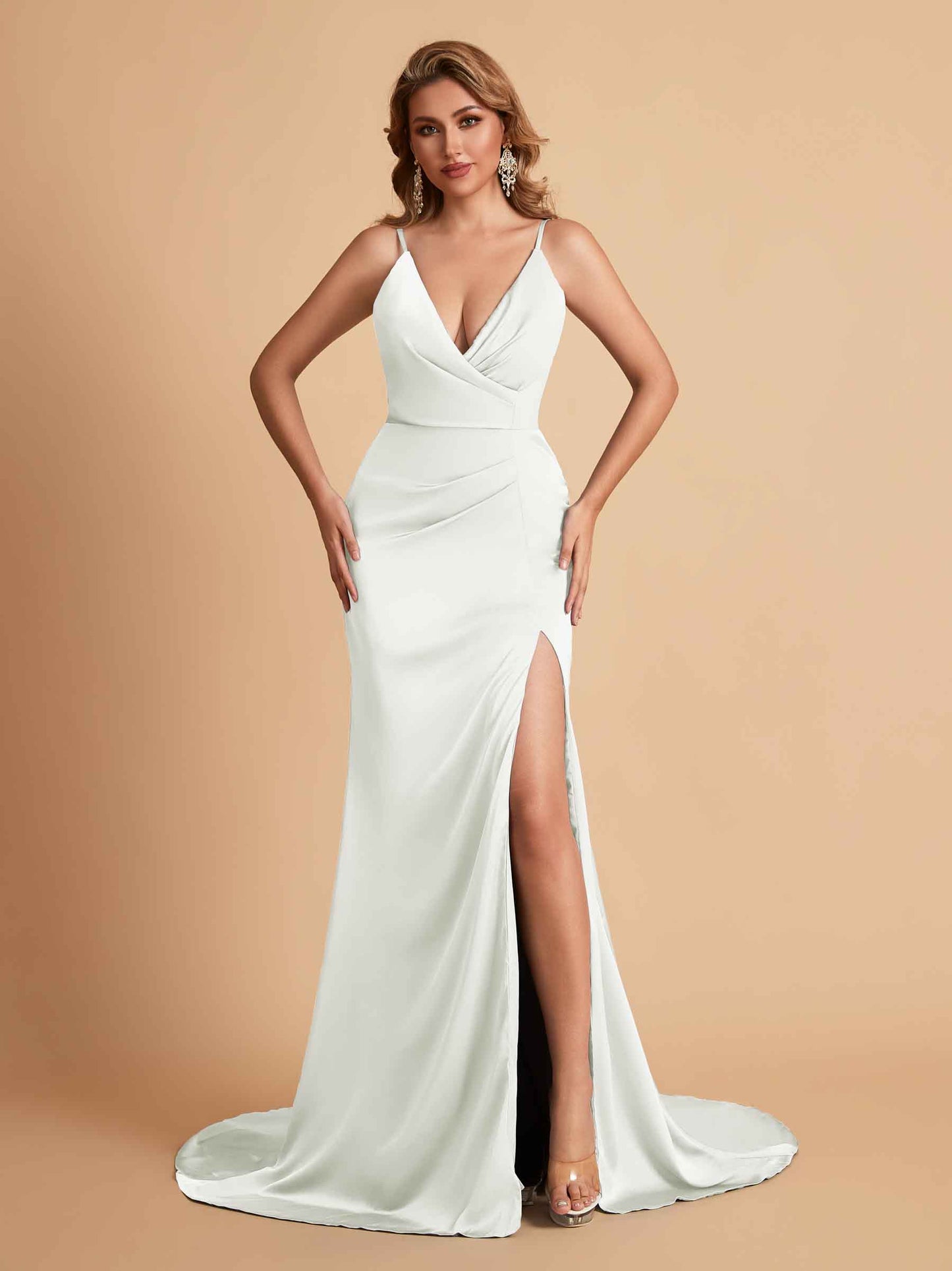 Elegant Satin Spaghetti Straps V-Neck Mermaid Side Slit Floor Length Bridesmaid Dresses