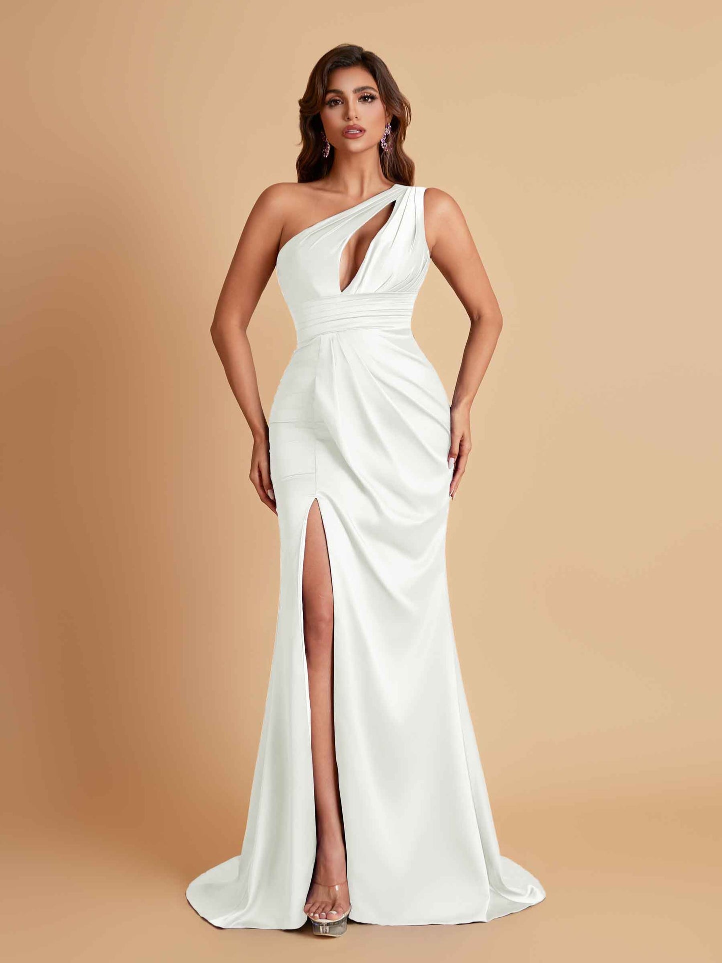 Sexy One Shoulder Soft Satin Side Slit Floor-Length Mermaid Bridesmaid Dresses
