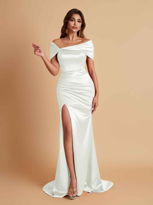 Elegant Soft Satin Off-the-shoulder Side-Slit Mermaid Bridesmaid Dresses