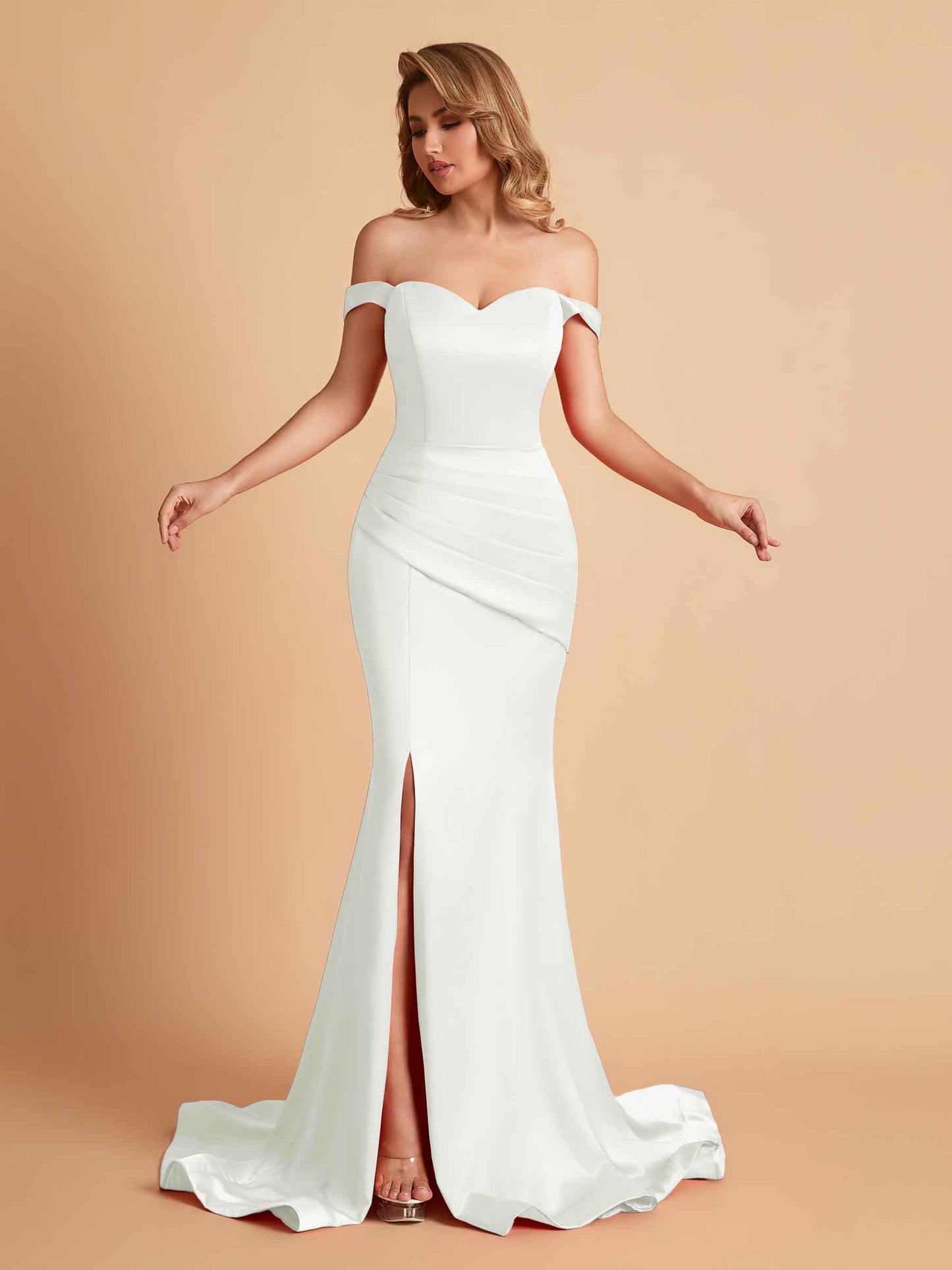 Elegant Satin Off the Shoulder Mermaid Side Slit Floor Length Bridesmaid Dresses