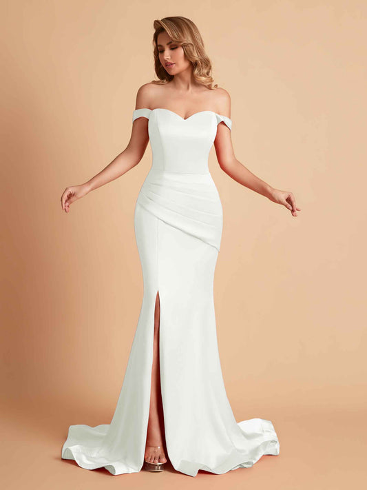 Elegant Satin Off the Shoulder Mermaid Side Slit Floor Length Bridesmaid Dresses