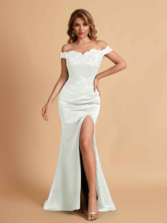 Elegant Satin Off Shoulder Mermaid Side Slit Floor Length Bridesmaid Dresses