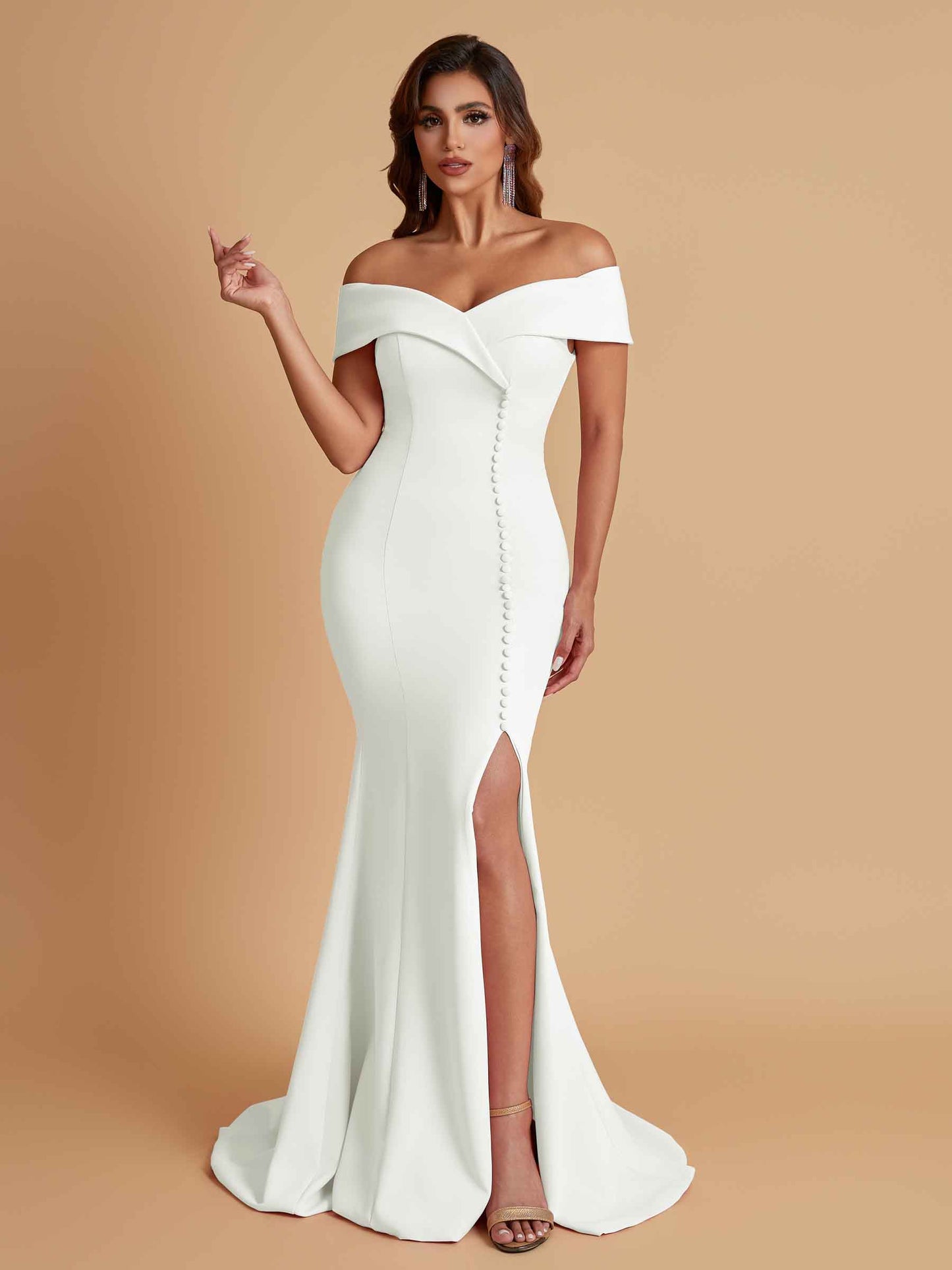 Elegant Soft Satin Mermaid Off Shoulder Side Slit Floor-Length Bridesmaid Dresses