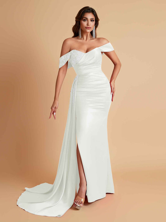 Elegant Soft Satin Mermaid Off Shoulder Floor-Length Mermaid Bridesmaid Dresses