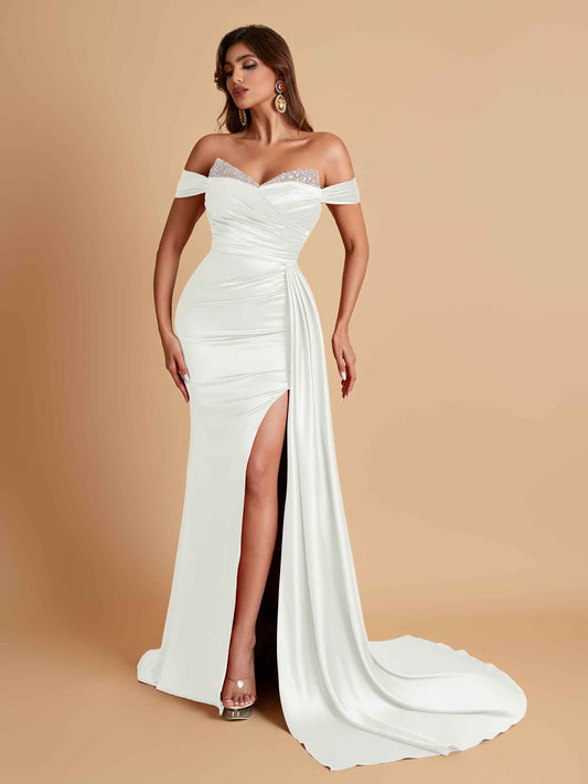 Gorgeous Soft Satin V-neck Off-the-Shoulder Side-Slit Mermaid Bridesmaid Dresses