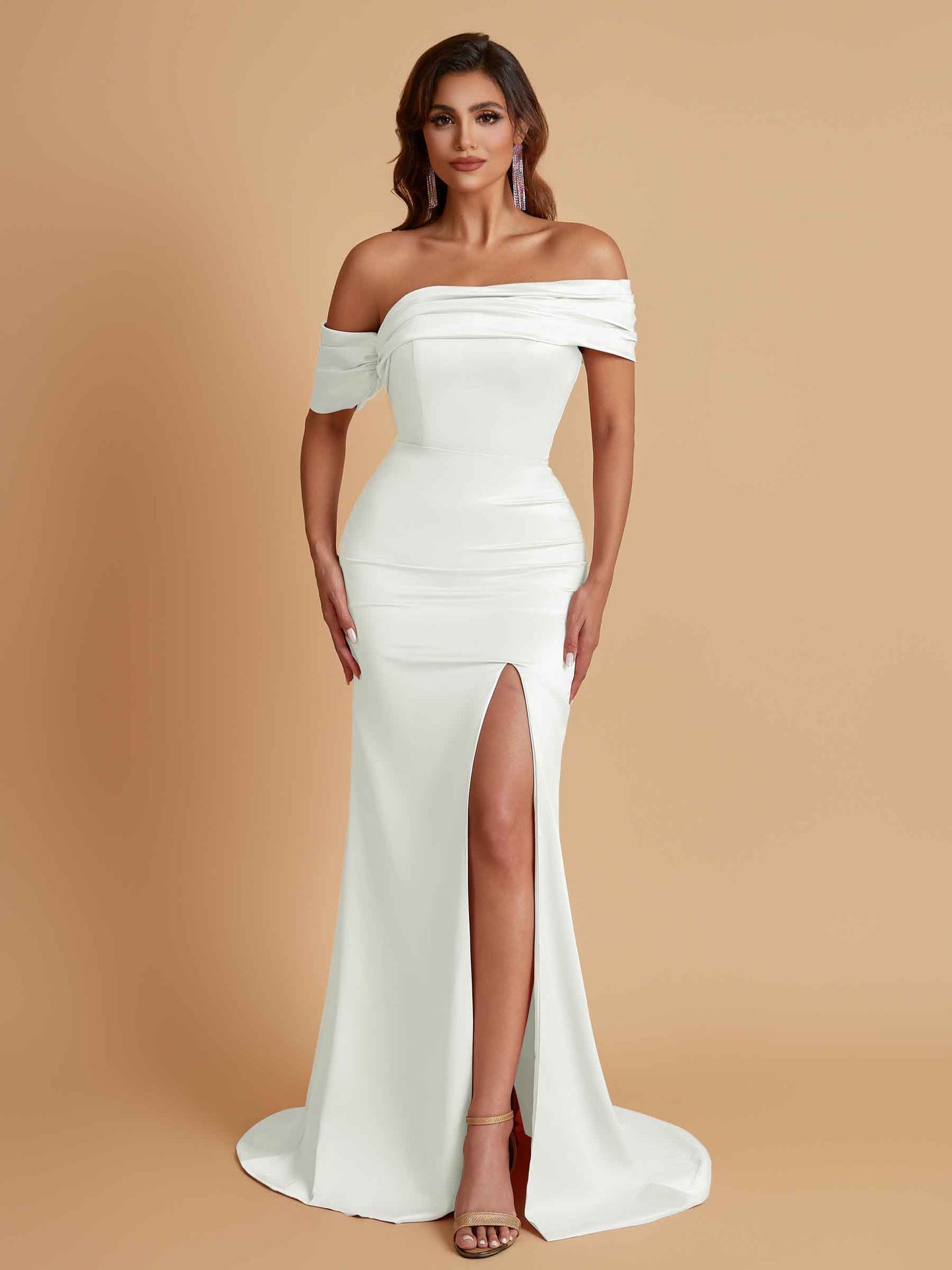 Elegant Soft Satin Mermaid Off Shoulder Asymmetrical Side Slit Floor-Length Bridesmaid Dresses