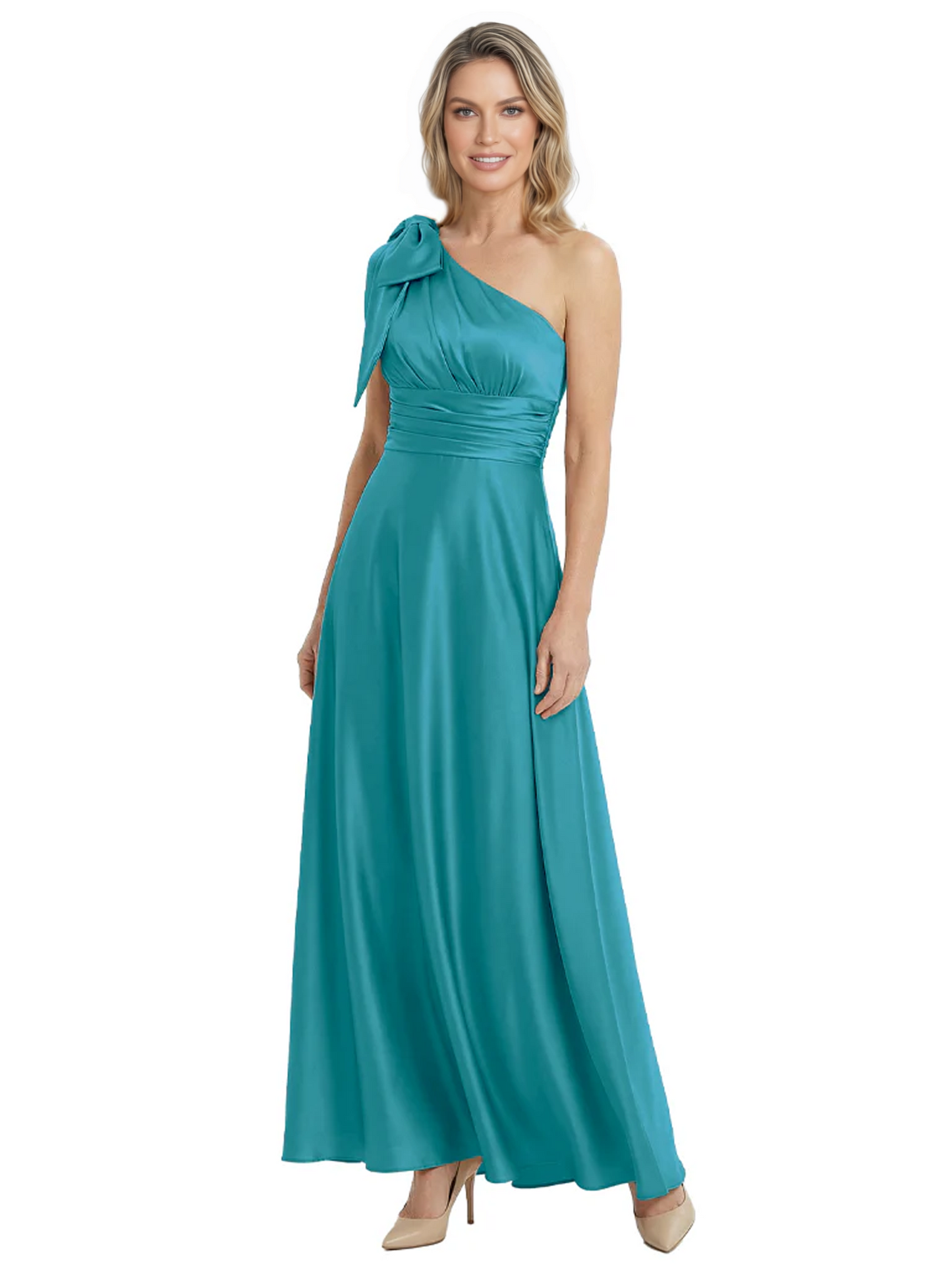 One-Shoulder Mother of the Bride Dress Satin Gown with Bow Ruched Empire Waist
