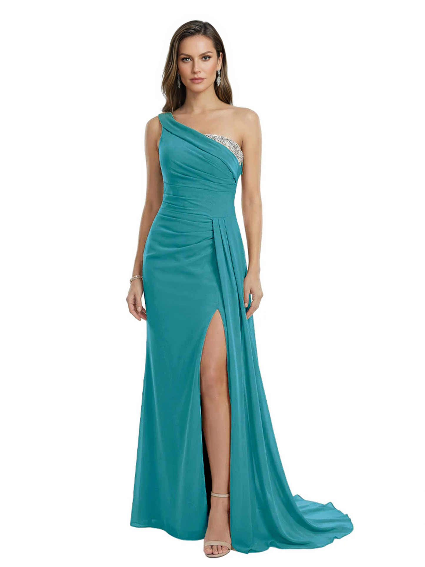 One Shoulder Mother of Bride Dress Ruffle Formal Gowns Mermaid Floor Length Train Slit