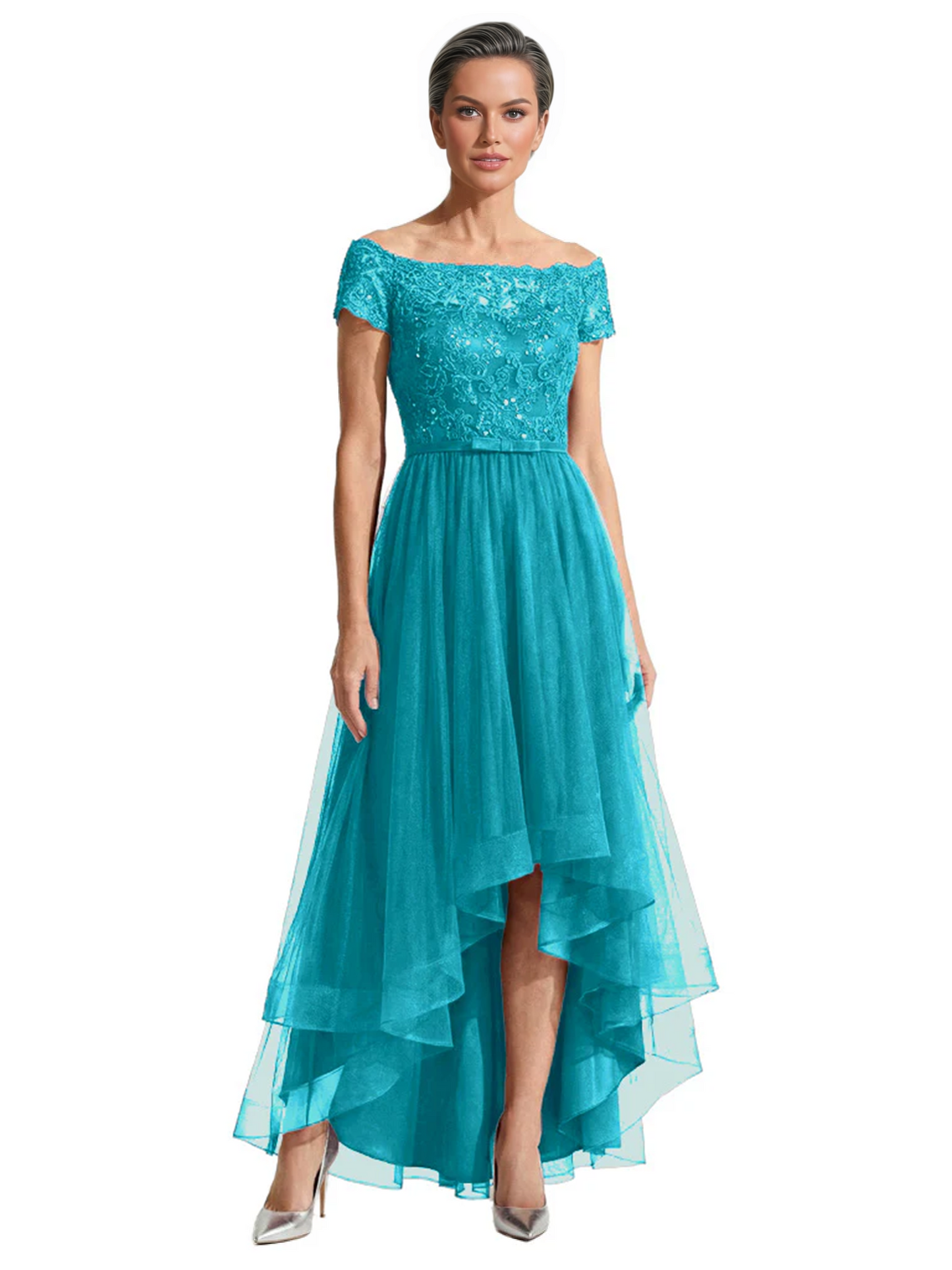 Formal High-Low Mother of the Bride Gown Short Sleeve Lace Maxi Dress with Tiered Skirt
