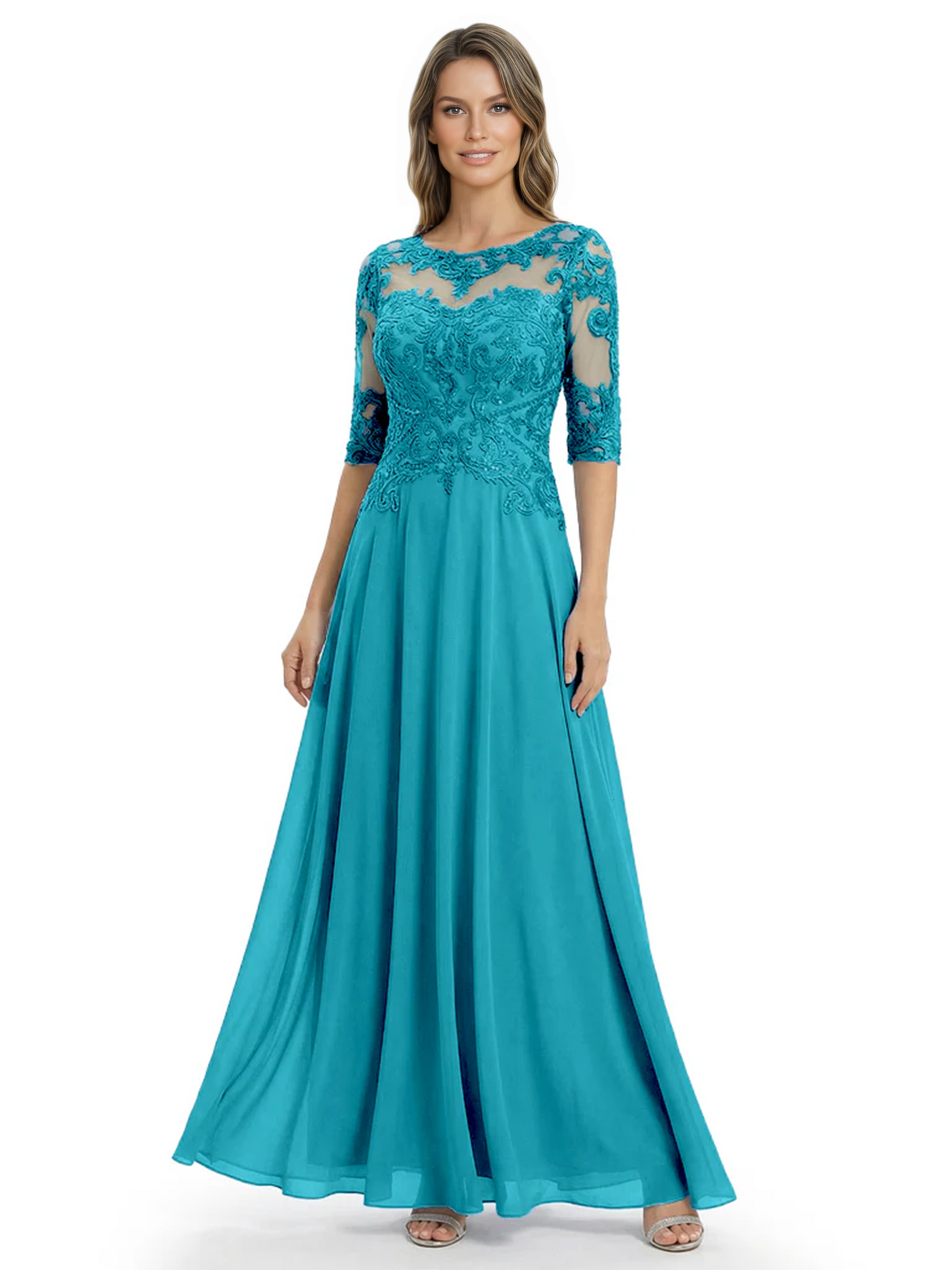 Illusion Neck Mother of the Bride Dress Half Sleeve Lace Applique Gowns Chiffon