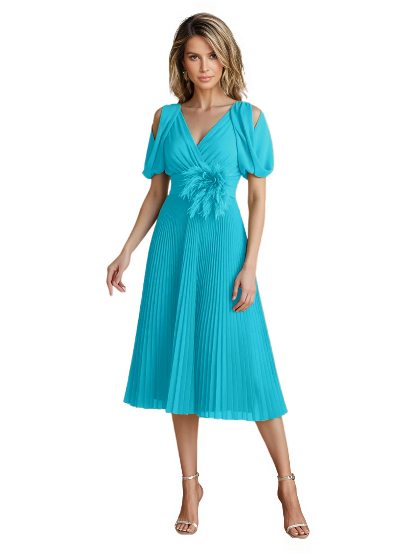 Wedding Formal Dress V-Neck Pleated Chiffon Gown with 3D Flower Accent Knee Length