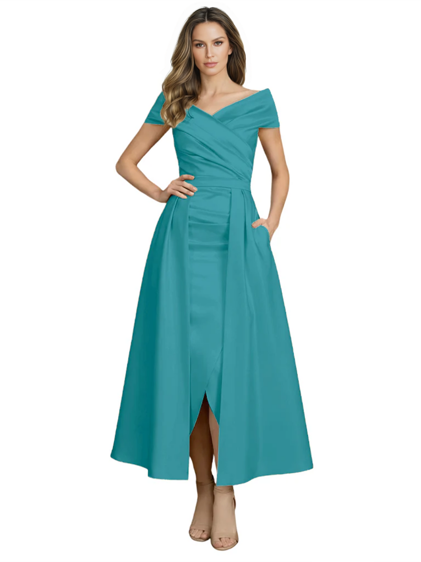Formal Floor-Length Mother of the Bride Gown Satin Maxi Dress with Slit Off Shoulder