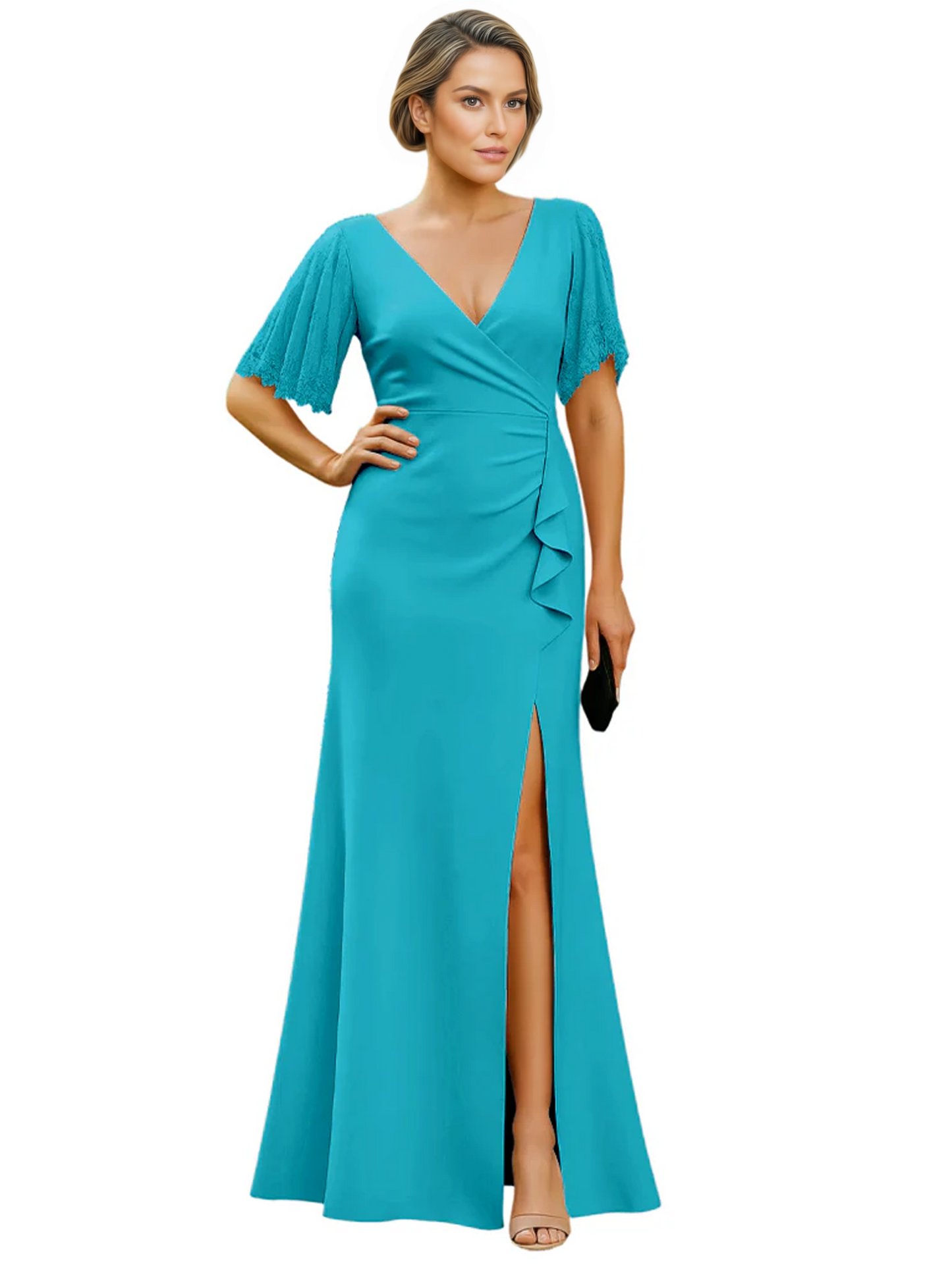 Elegant Evening Gown Trending V-Neck & Ruffle Detail Mother of Bride Outfits Slit