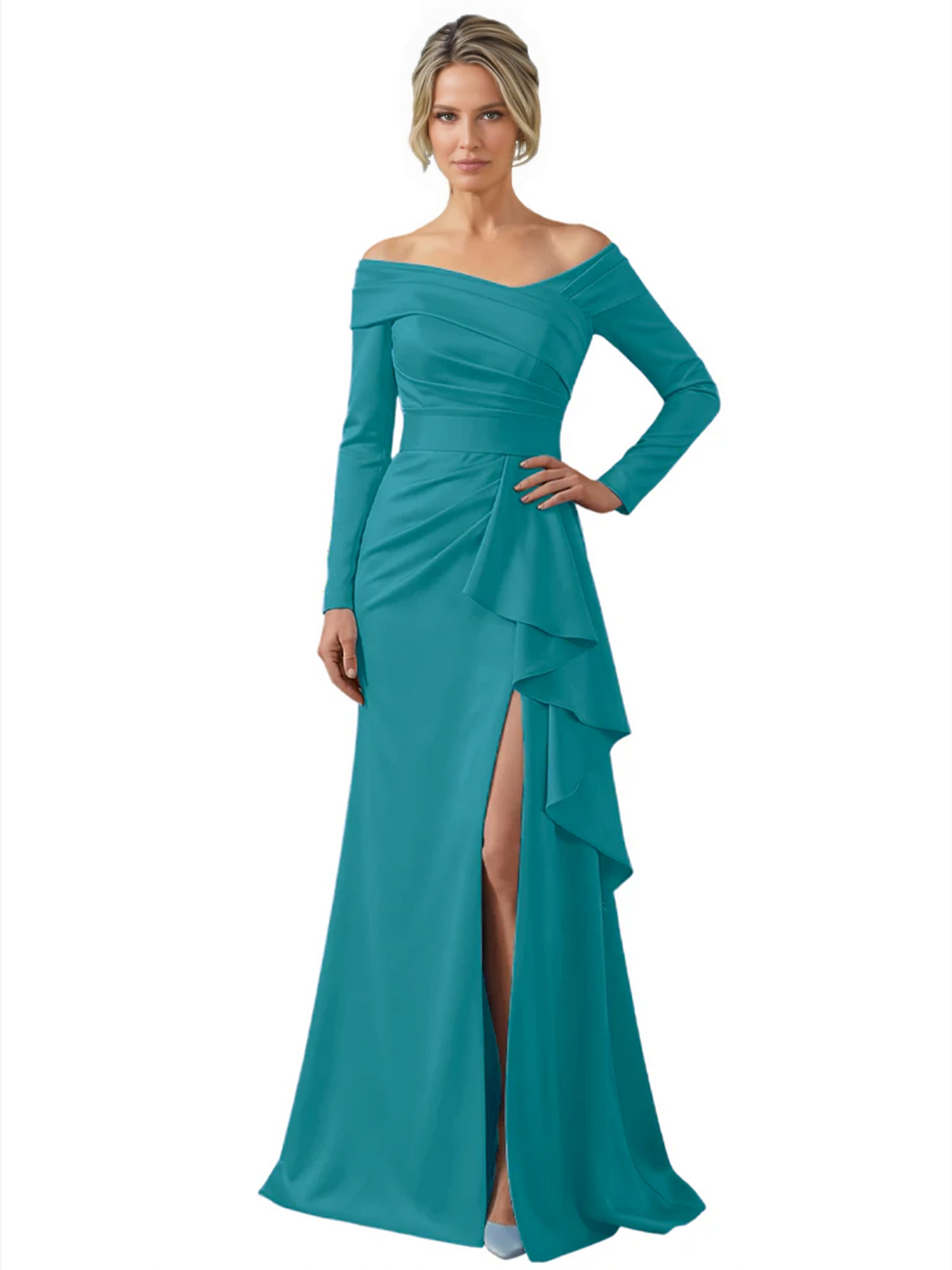 Elegant Mother of the Groom Dress Cascading Ruffle Satin Gown with High Slit Long Sleeves